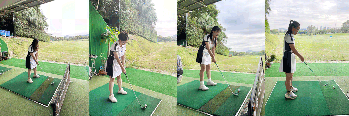 Four female students from Rise Sportswear are learning golf grip and stance