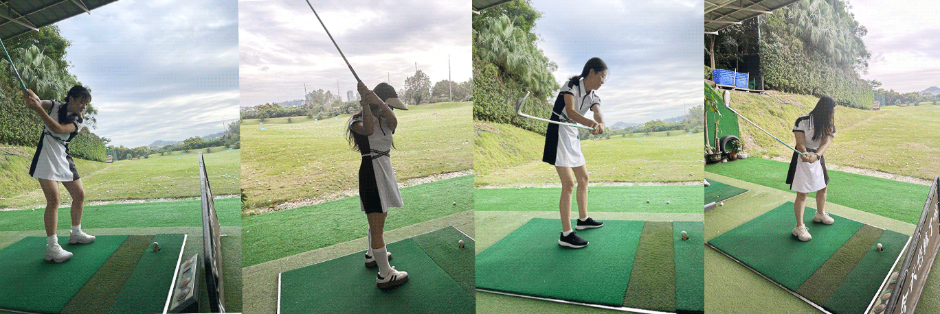 Four female students of Rise Sportswear are playing golf and practice the golf swing