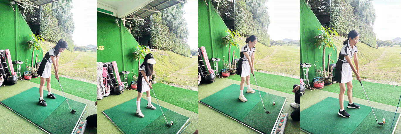 Rise Sportswear female students practice their golf grip and stance