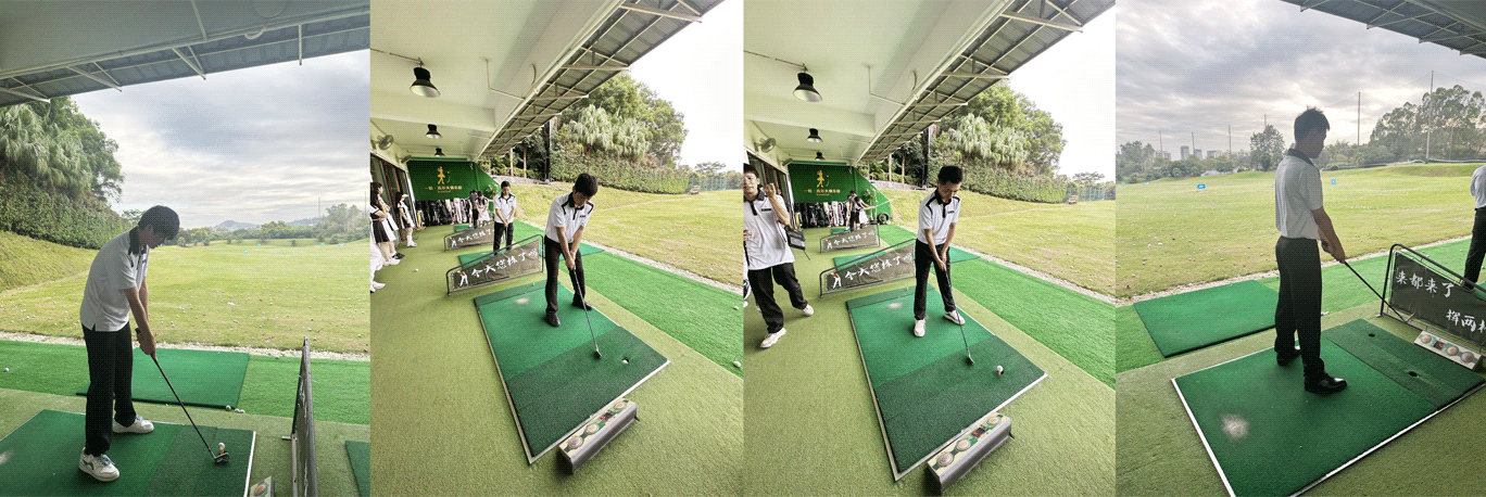 Rise Sportswear male students practice their golf grip and stance