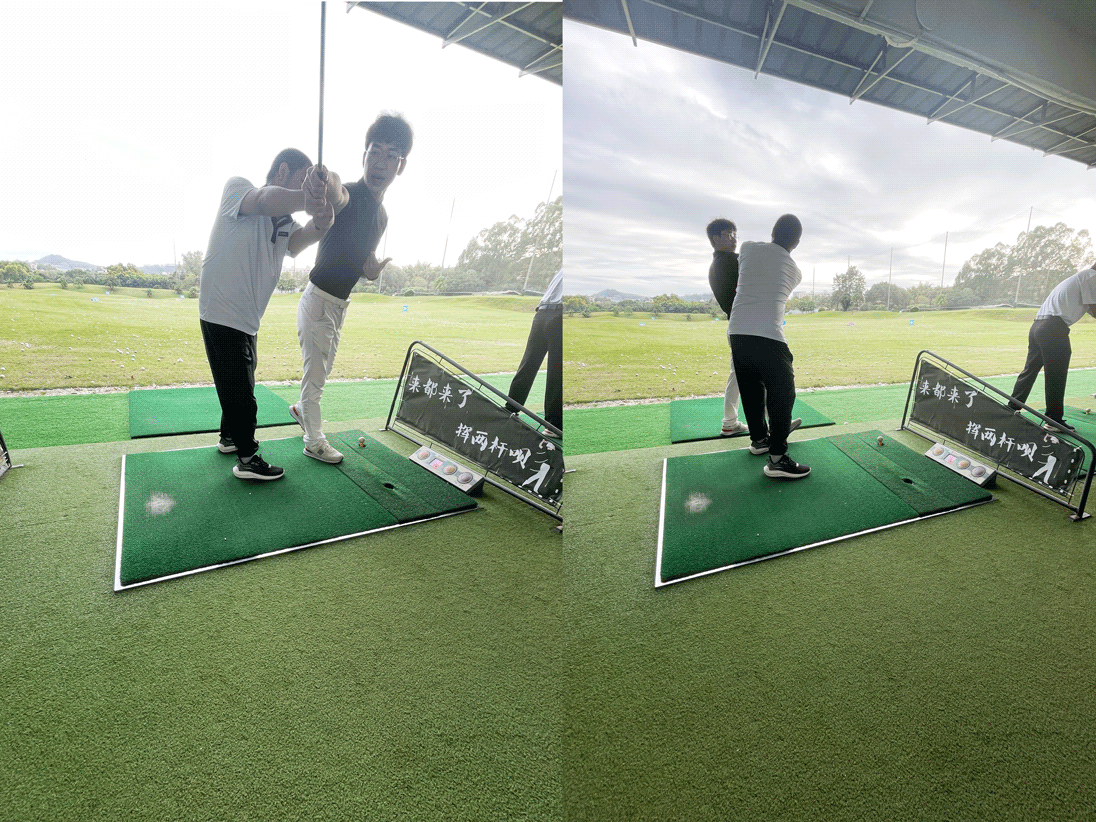 The golf coach patiently guides Rise Sportswear male student Jacks' golf swing