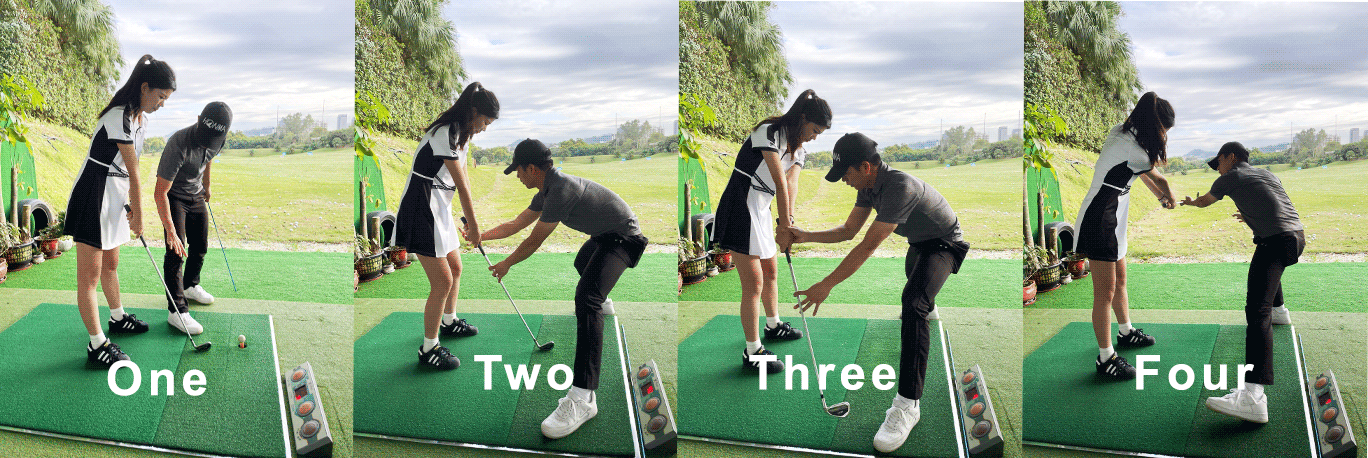 The male golf coach patiently guides Rise Sportswear Alice's golf swing