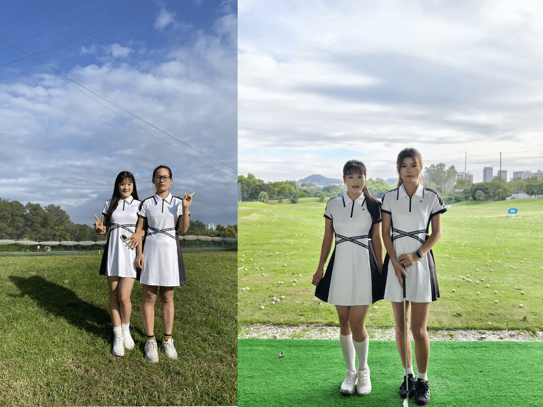 Two group photos of Rise Sportswear female employees in pairs