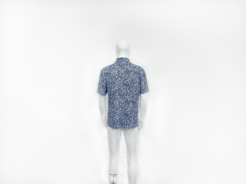 Male model in golf leaves blue polo shirt back view