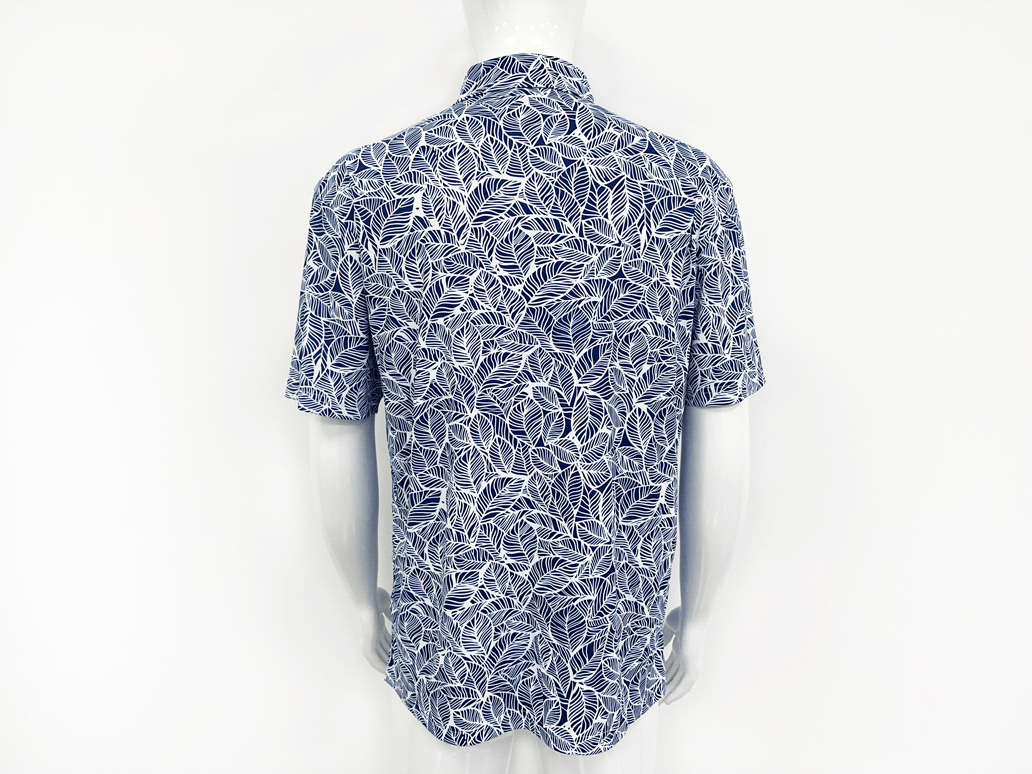 Zoom in model wearing golf leaves blue polo shirt back view