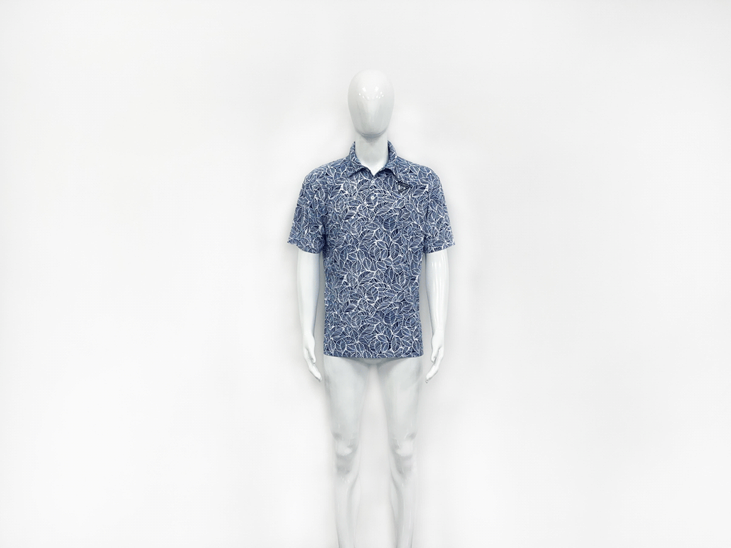 Male model in golf leaves blue polo shirt front view