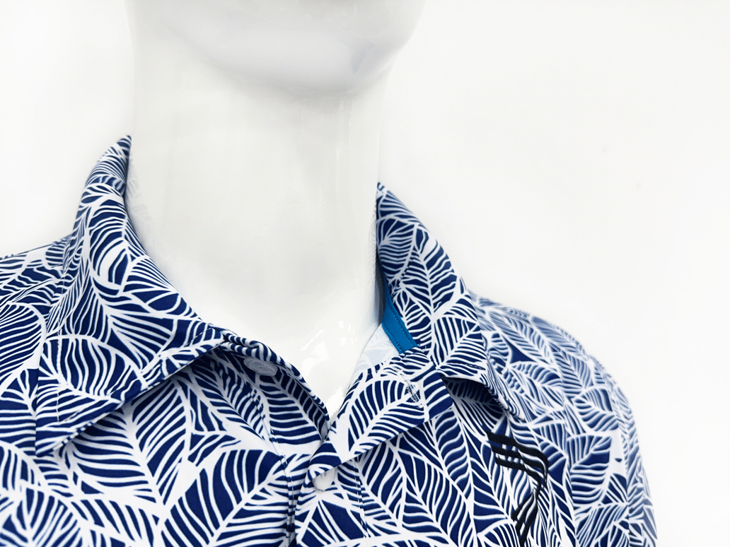 Neckline fine craftsmanship finish golf leaves blue polo shirt