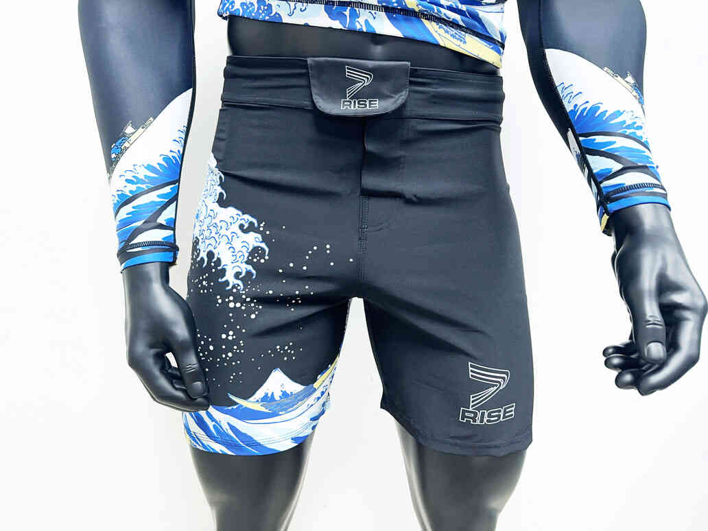 Male model in kanagawa wave ultralight bjj mma shorts front view