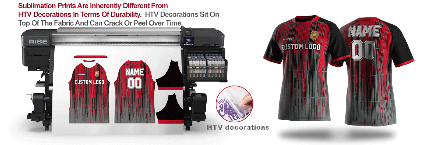 Sublimation prints are inherently different from HTV decorations in terms of durability. HTV decorations sit on top of the fabric and can crack or peel over time, especially after being stretched or pulled during physical activities.