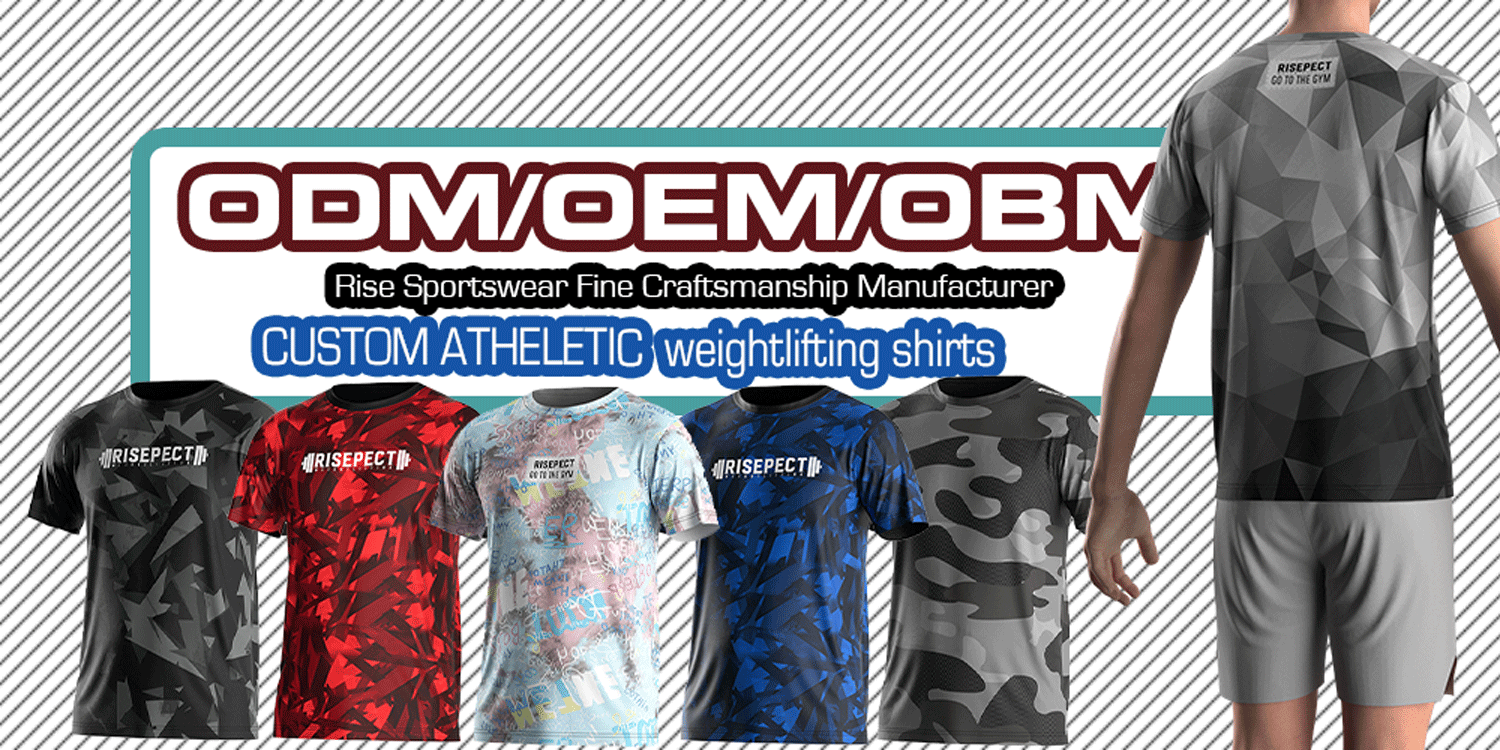 Custom athletic weightlifting shirts sublimated printing shirts camouflage tee shirts wholesale, fine craftsmanship manufacturer Rise Sportswear. We can do ODM/OEM/OBM.