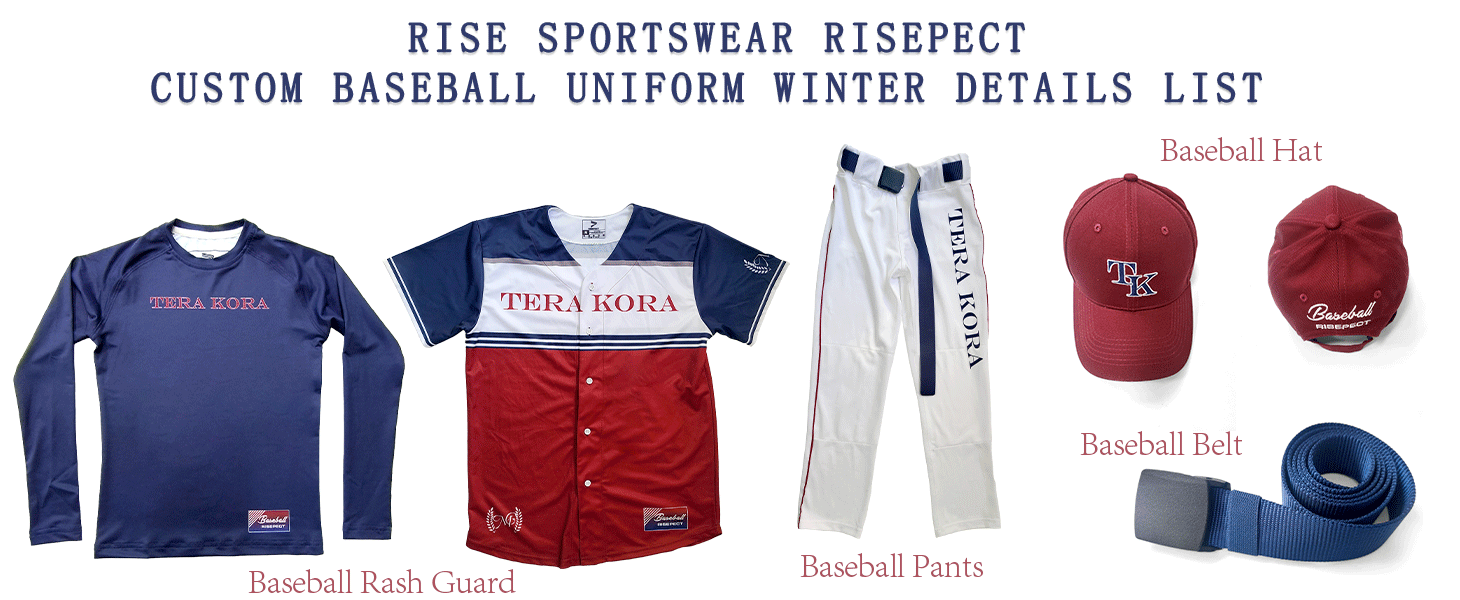 Rise Sportswear RISEPECT Curacao Youth Baseball Uniform Winter List - long sleeve rashguards, button baseball jersey, pants, belt and hat