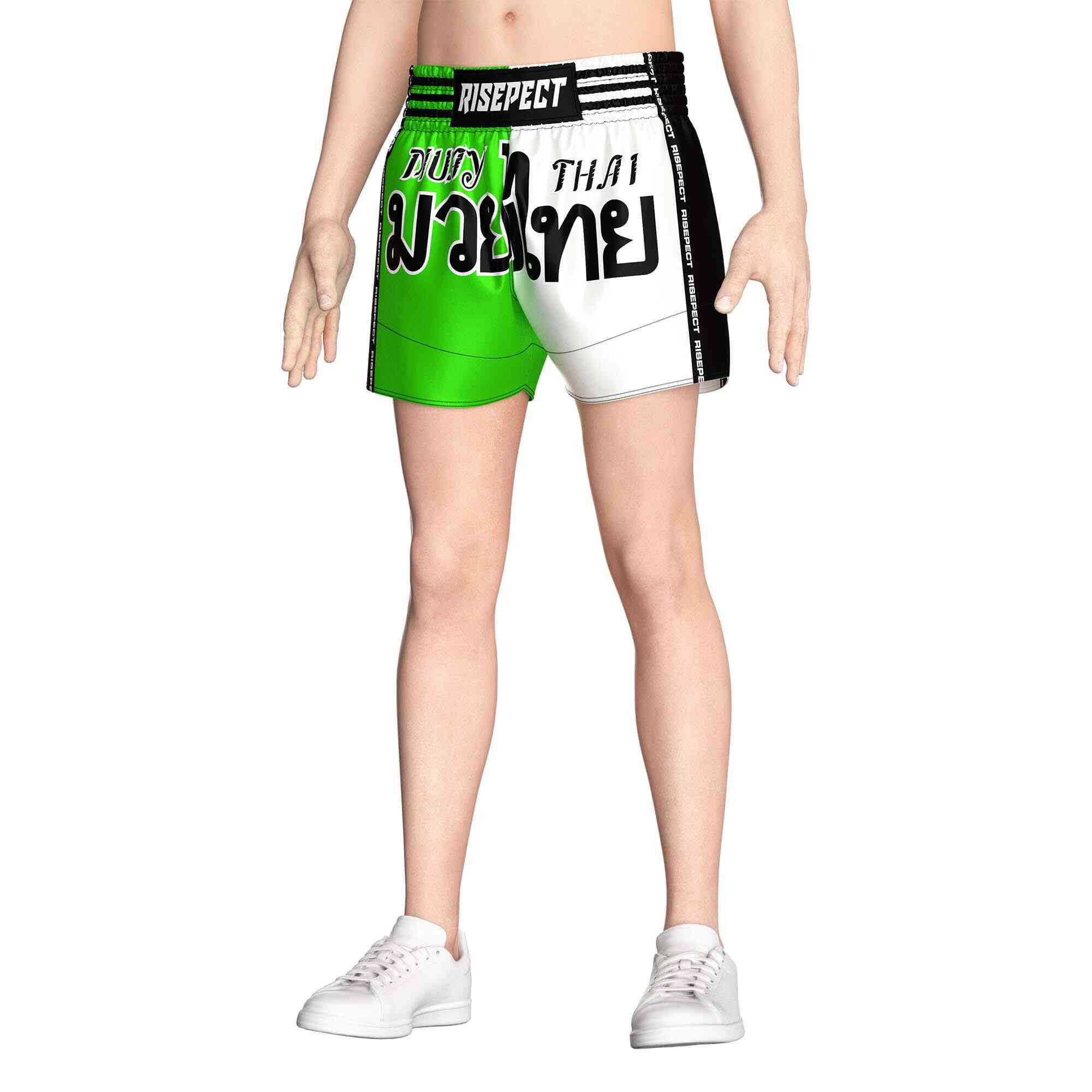 Male model in Two-color green white popular Muay Thai shorts wholesale Rise Muay Thai shorts front view