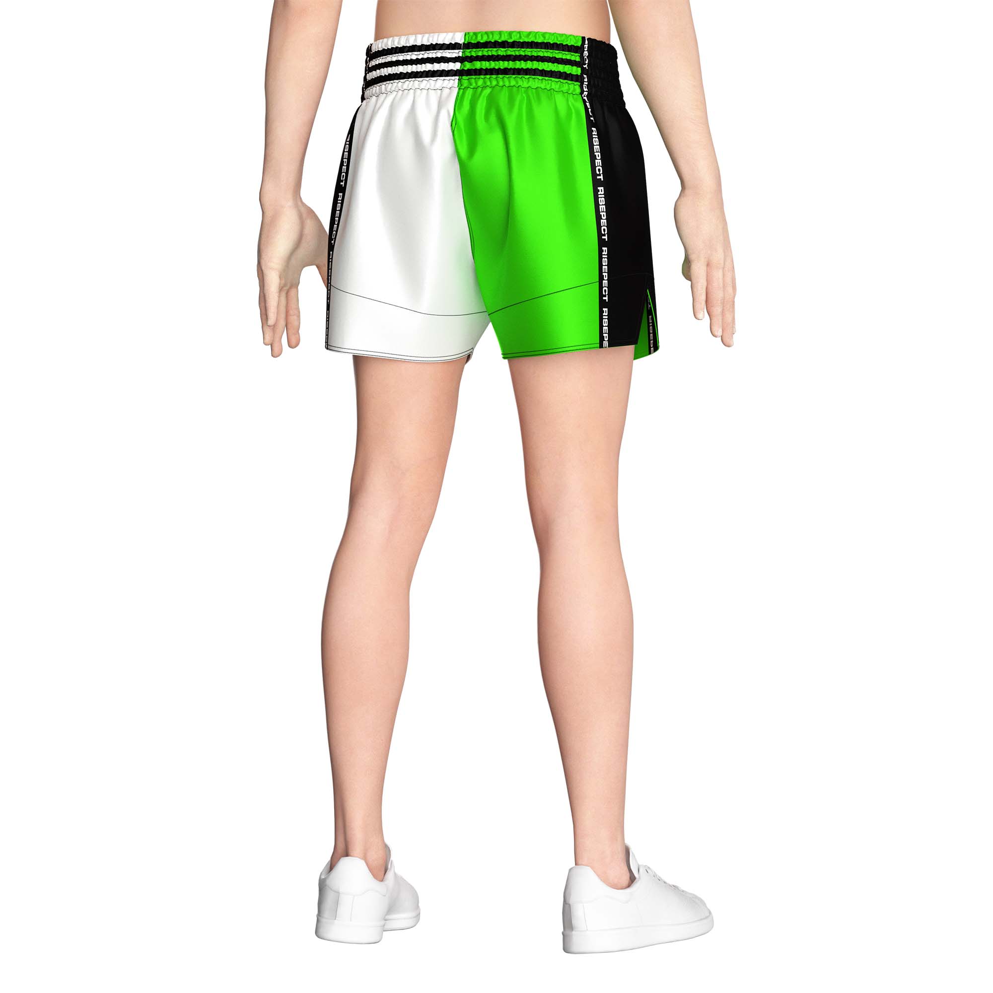 Male model in Two-color green white popular Muay Thai shorts wholesale Rise Muay Thai shorts back view