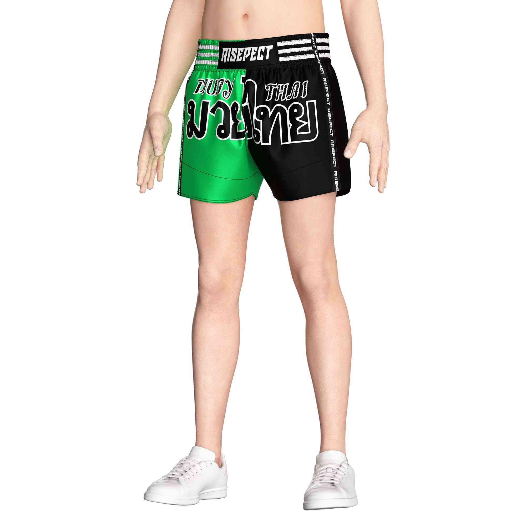 Male model in Two-colors green black popular Muay Thai shorts wholesale Rise Muay Thai shorts front view