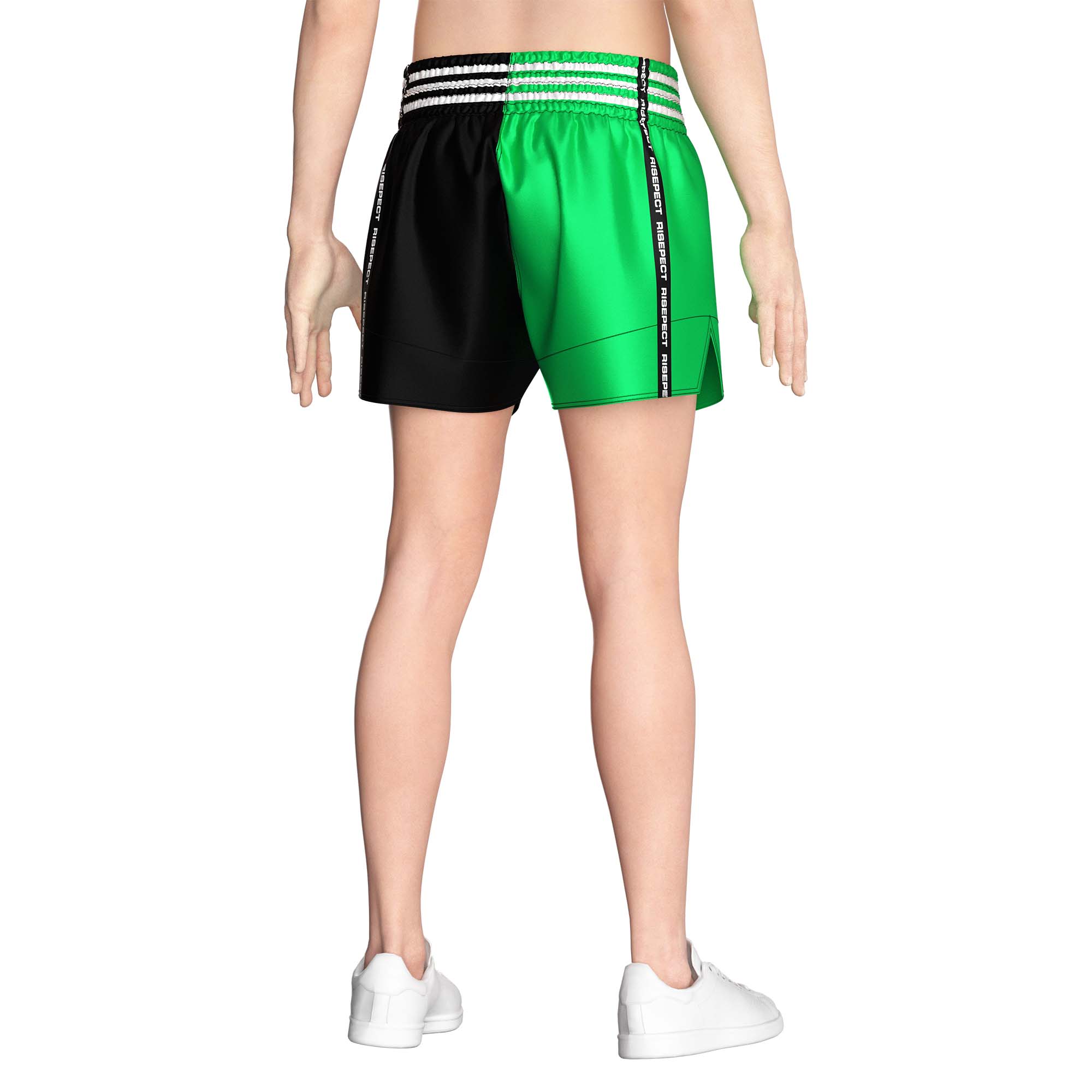 Male model in Two-colors green black popular Muay Thai shorts wholesale Rise Muay Thai shorts back view