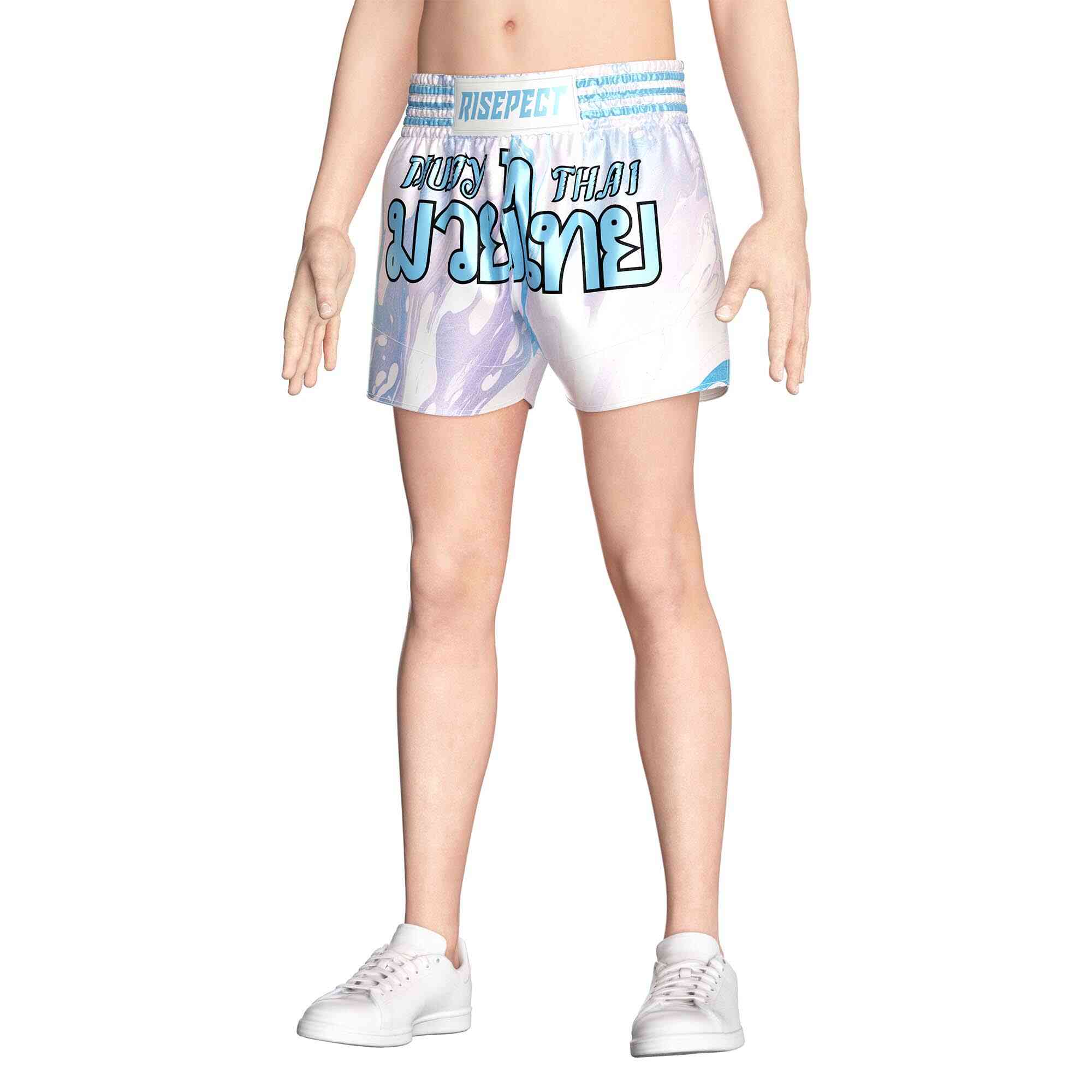 Male model in Blue-violet gradient sublimated popular Muay Thai shorts Rise Muay Thai shorts front view