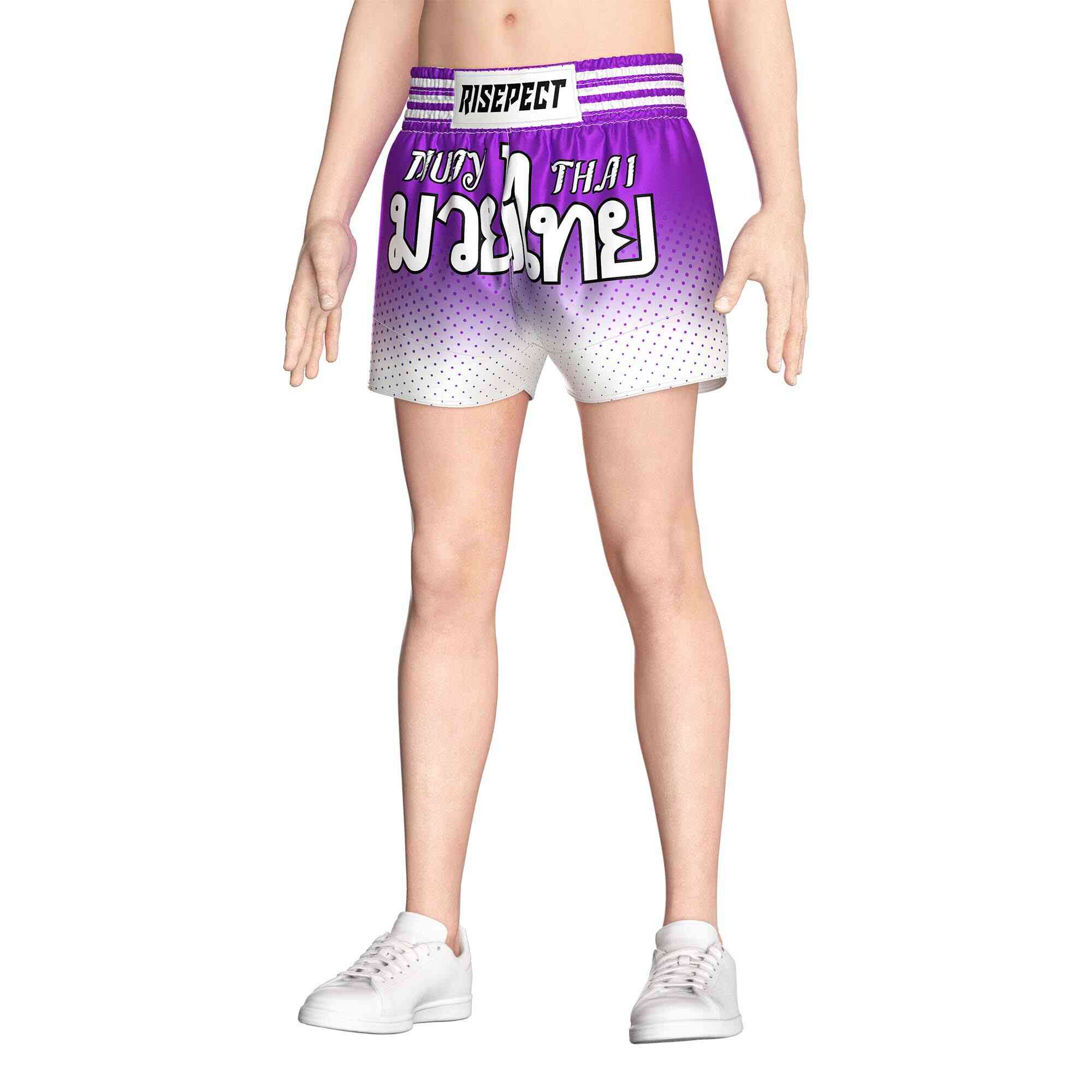 Male model in Deep purple dot sublimated popular Muay Thai shorts Rise Muay Thai shorts front view