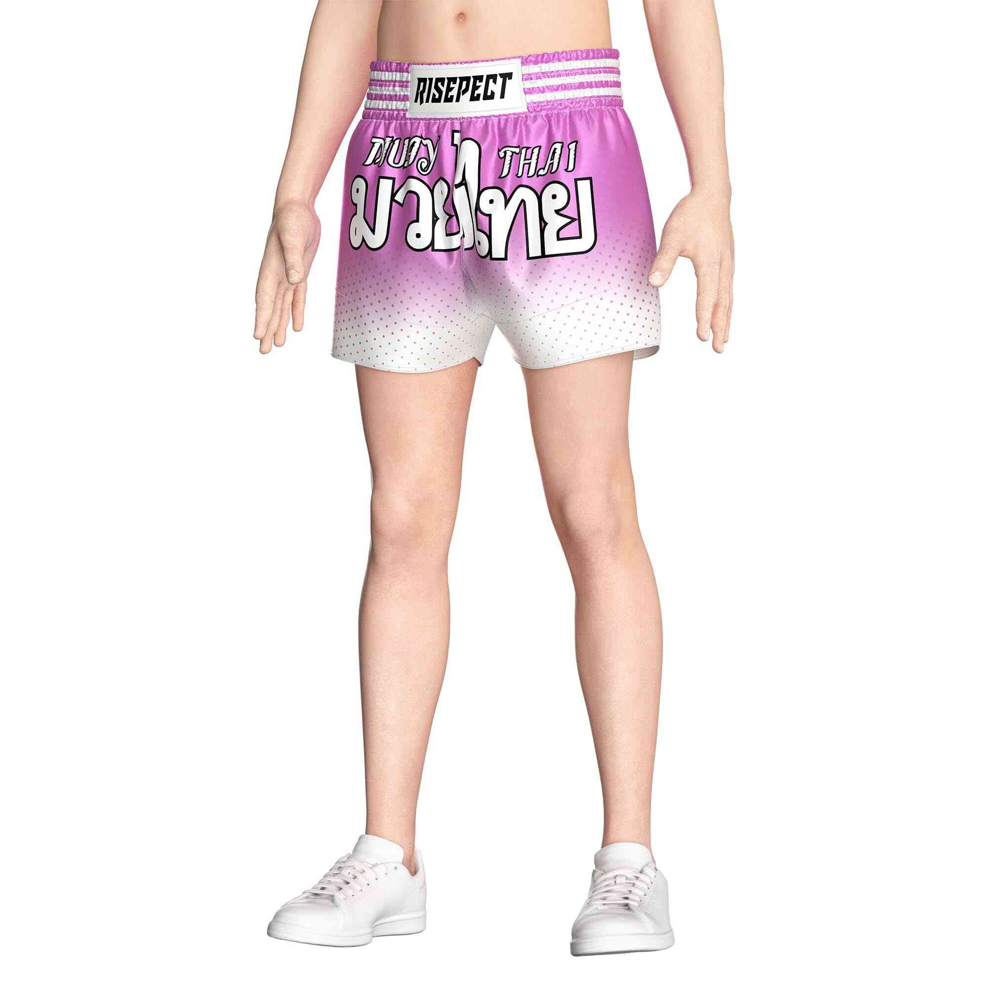 Male model in Purple dot sublimated popular Muay Thai shorts Rise Muay Thai shorts front view