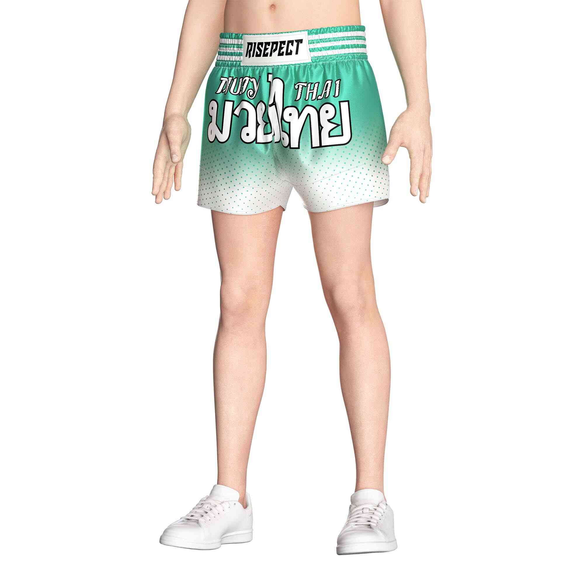 Male model in Green dot sublimated popular Muay Thai shorts Rise Muay Thai shorts front view