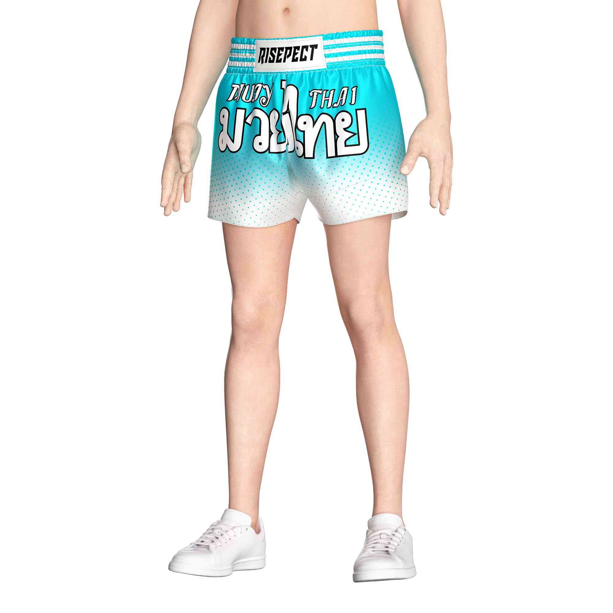 Male model in Blue dot sublimated popular Muay Thai shorts Rise Muay Thai shorts front view