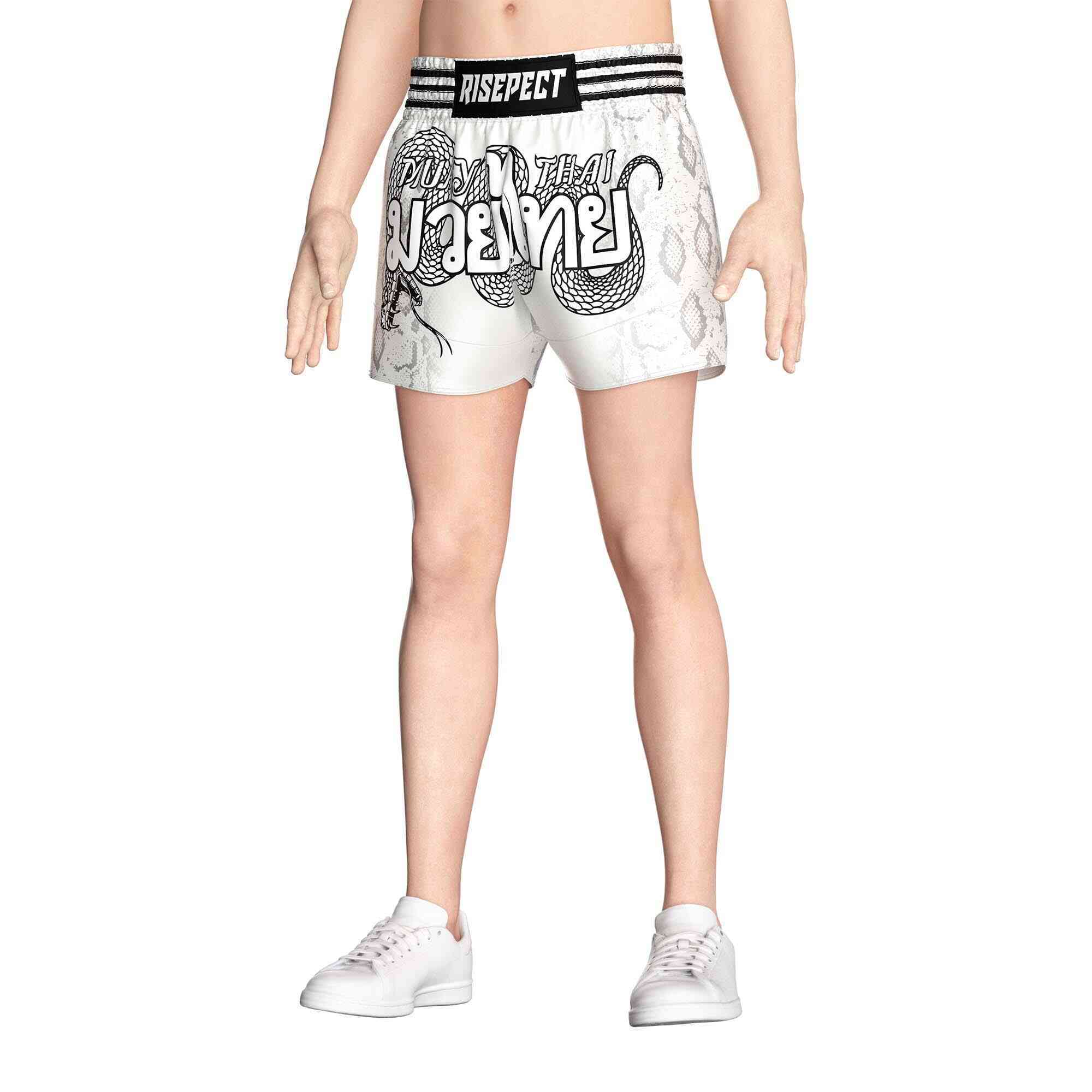 Male model in White python sublimated popular Muay Thai shorts Rise Muay Thai shorts front view