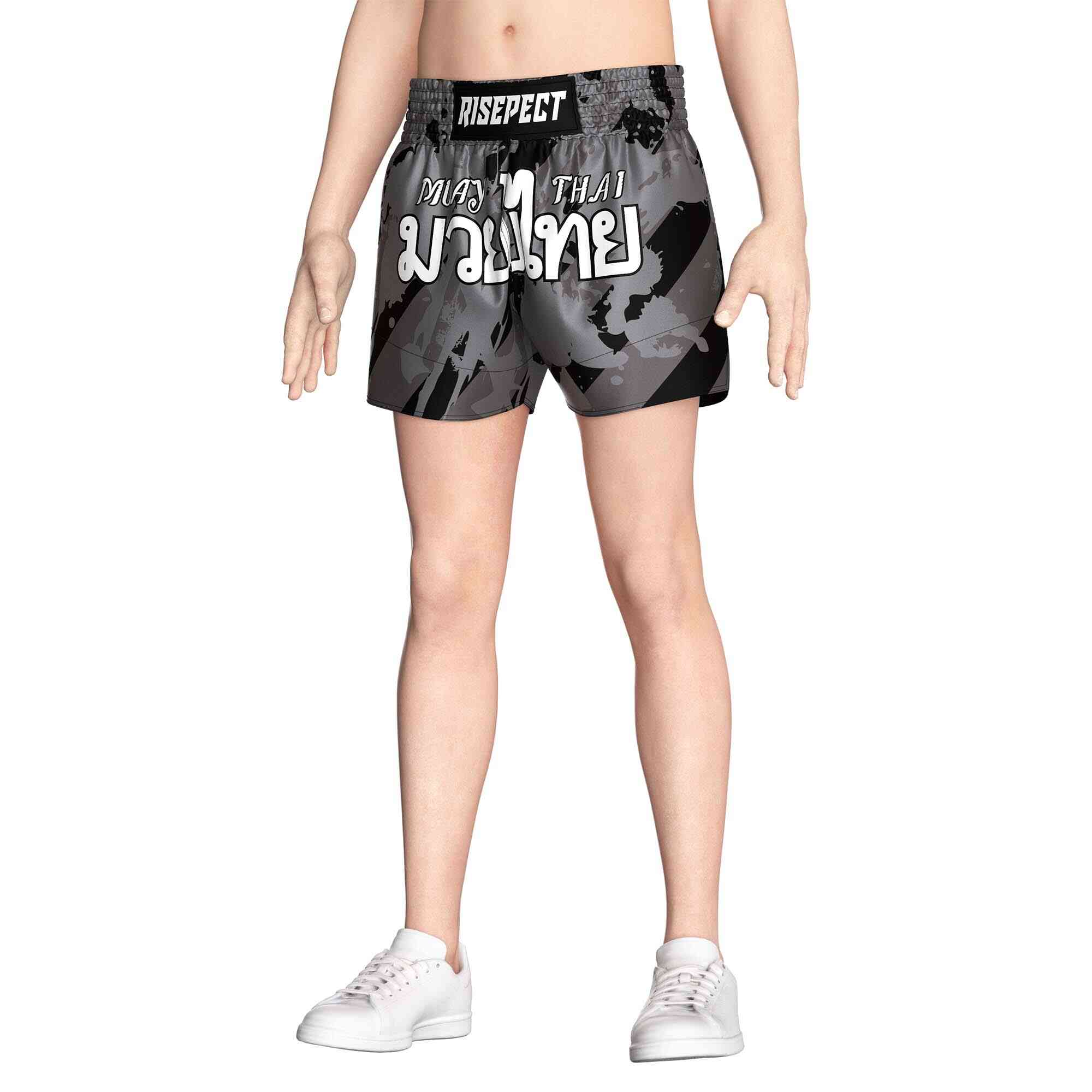 Male model in Gray popular Muay Thai shorts wholesale Rise Muay Thai shorts front view