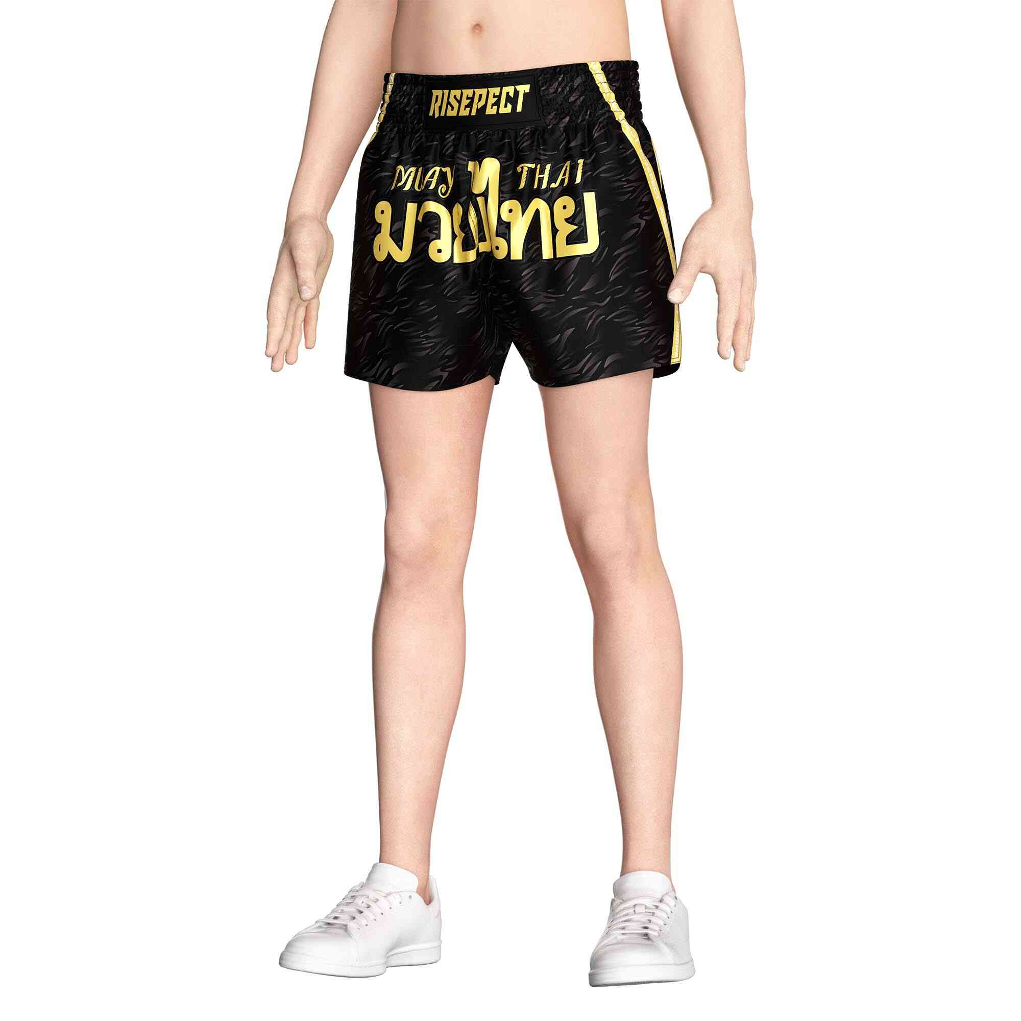 Male model in Gold popular Muay Thai shorts wholesale Rise Muay Thai shorts front view