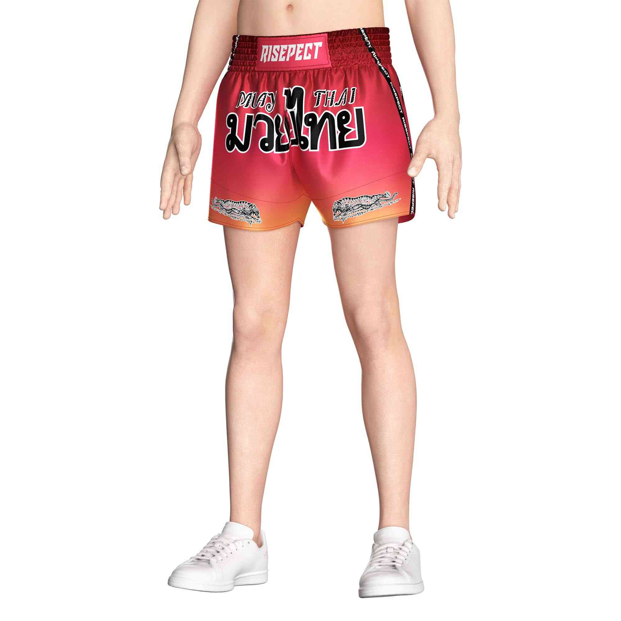 Male model in Red gradient sublimated popular Muay Thai shorts Rise Muay Thai shorts front view