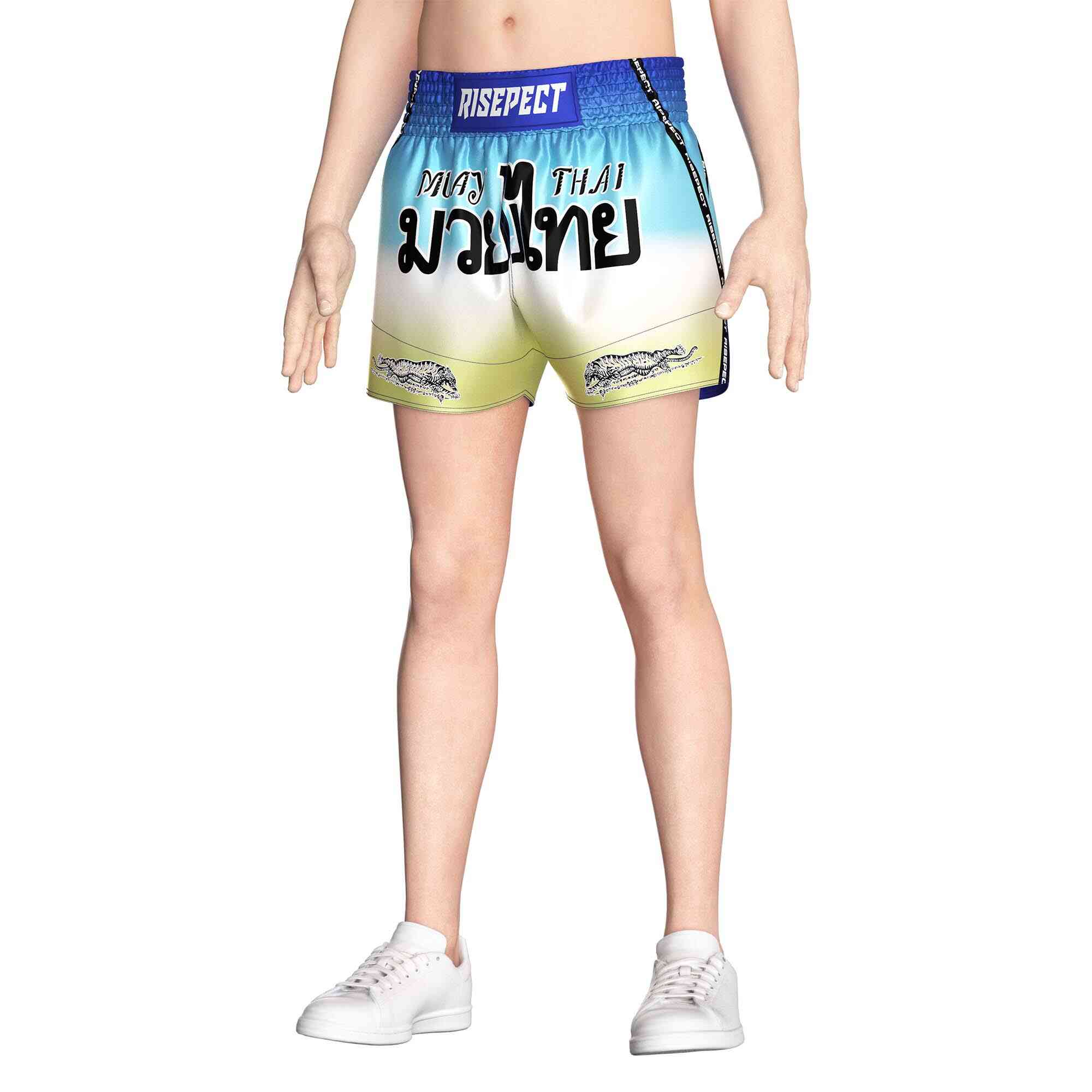 Male model in Three-colors gradient sublimated popular Muay Thai shorts Rise Muay Thai shorts front view