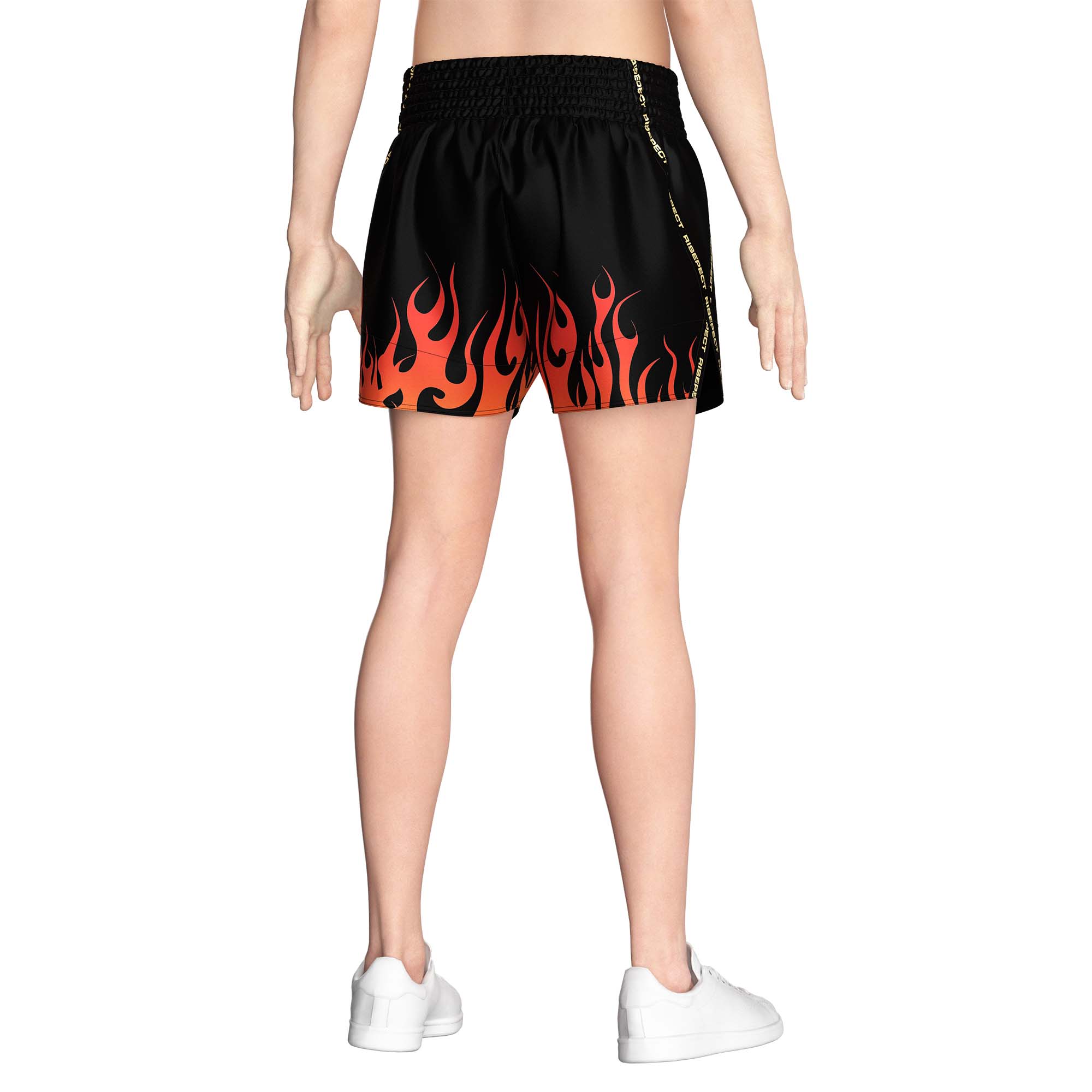 Male model in Red flame sublimated popular Muay Thai shorts Rise Muay Thai shorts back view