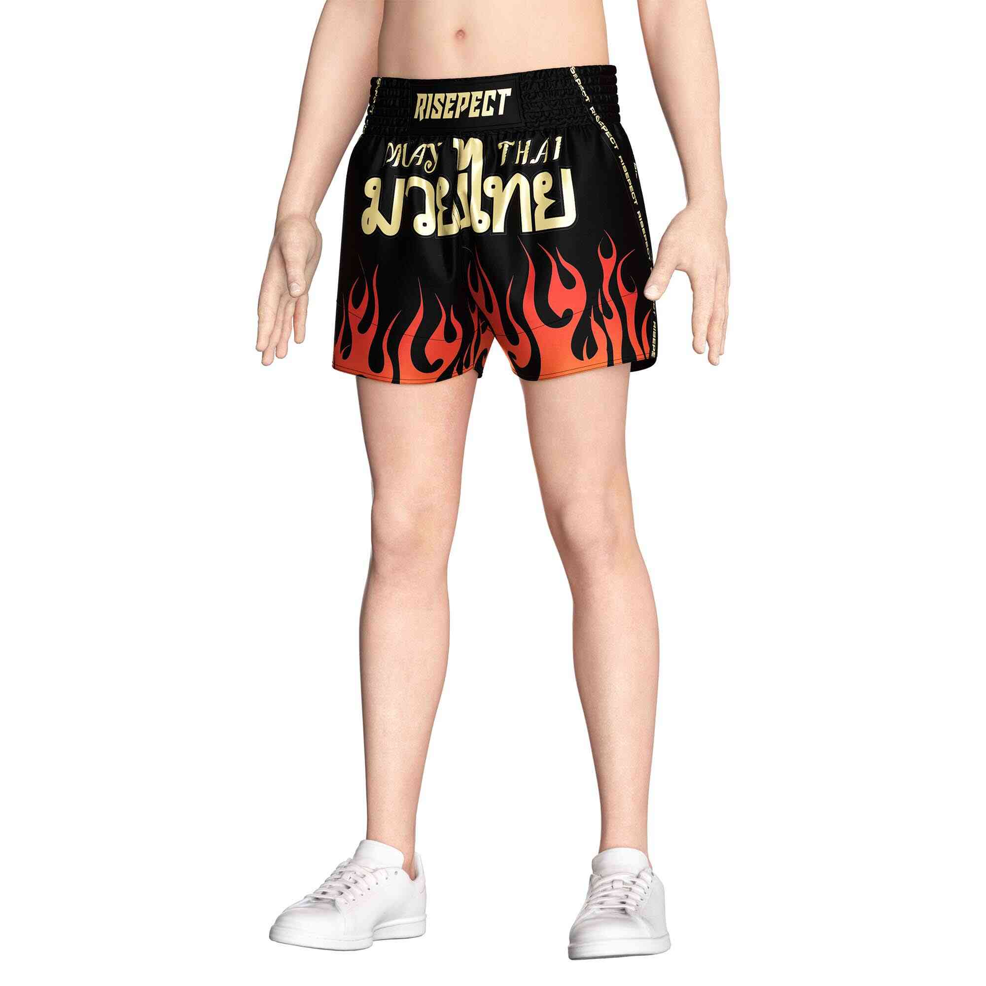 Male model in Red flame sublimated popular Muay Thai shorts Rise Muay Thai shorts front view