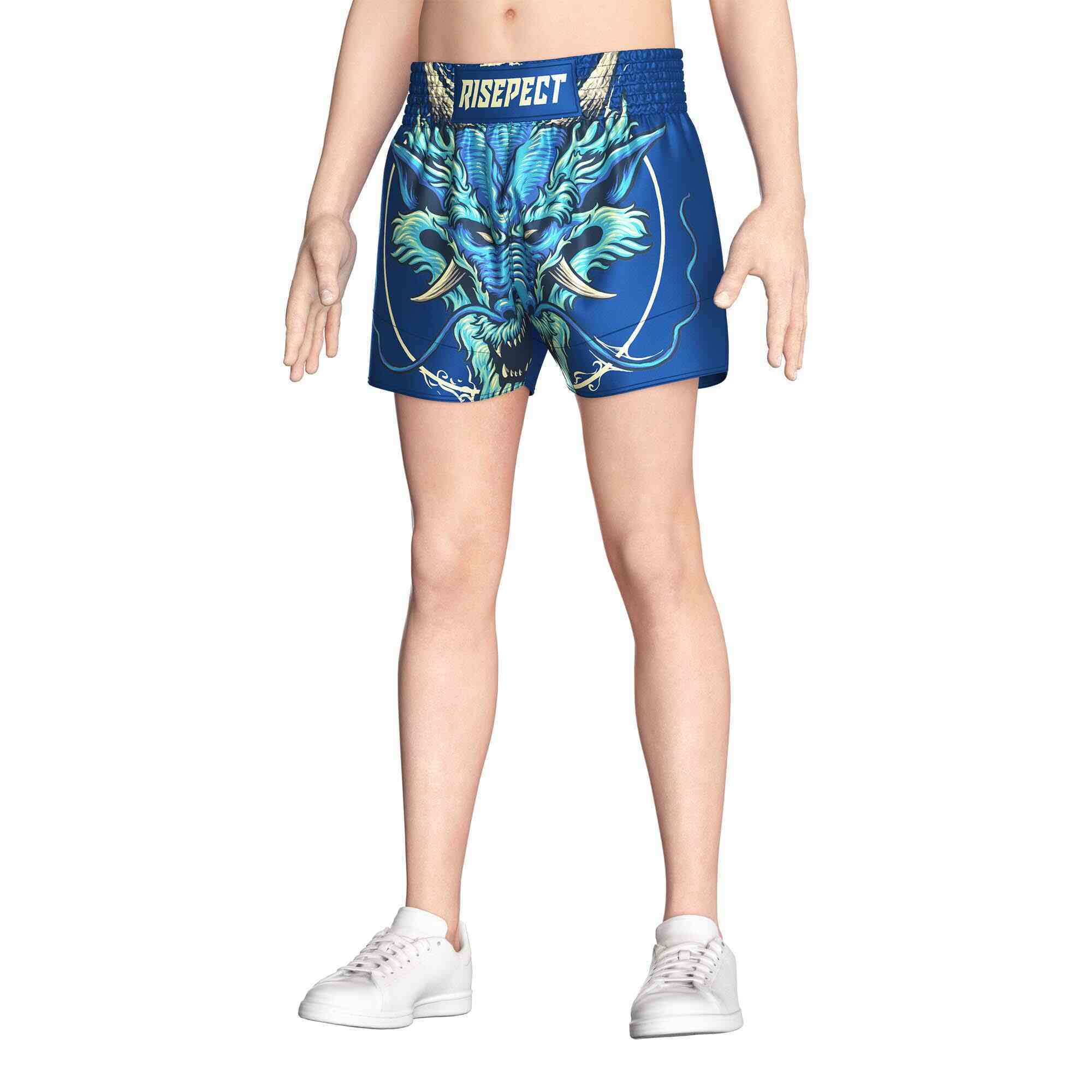 Male model in Dragon sublimated popular Muay Thai shorts Rise Muay Thai shorts front view