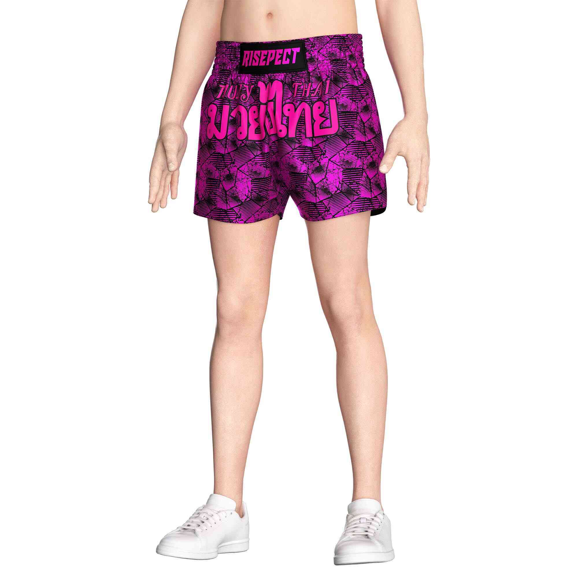 Male model in Purple camouflage popular Muay Thai shorts wholesale Rise Muay Thai shorts front view