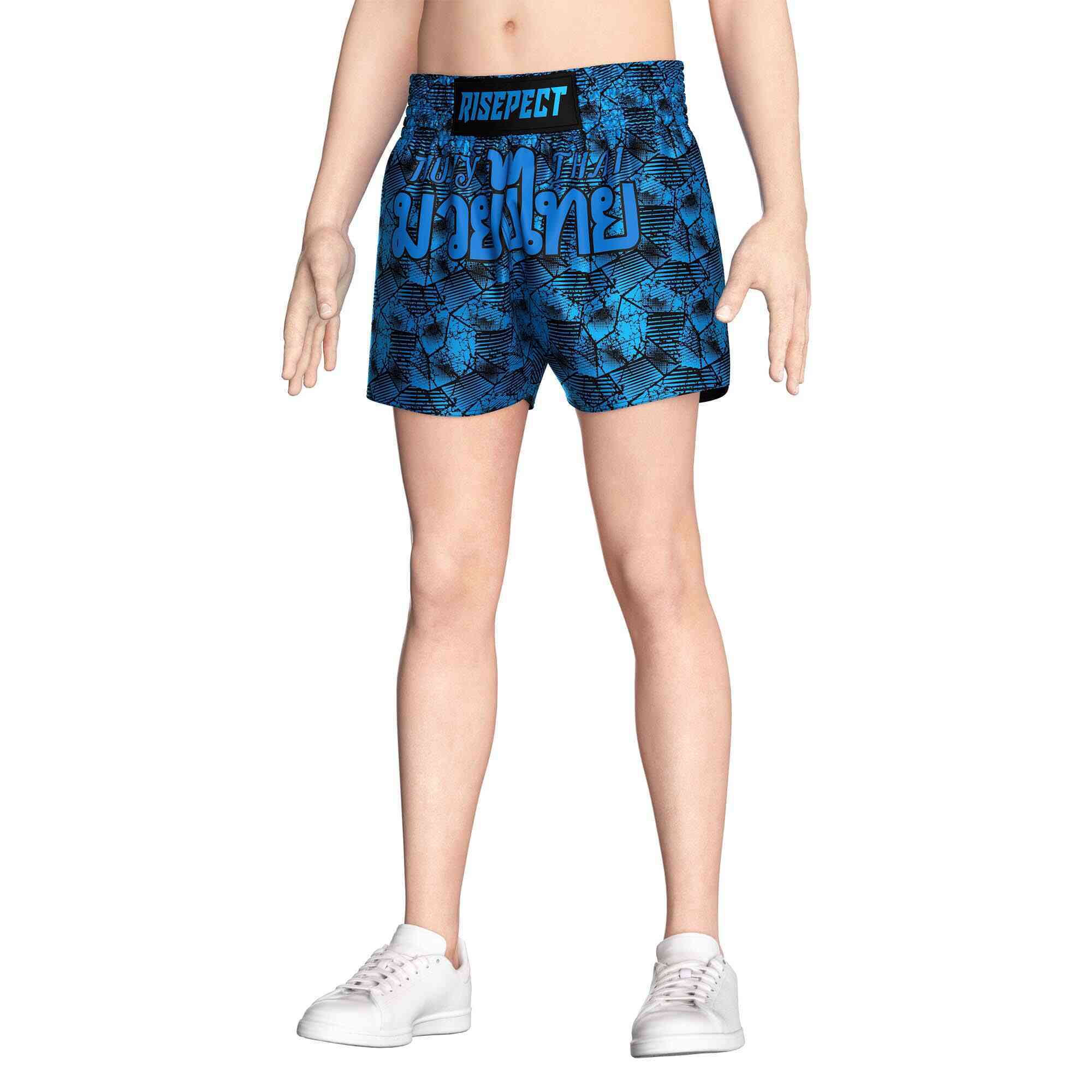 Male model in Blue camouflage popular Muay Thai shorts wholesale Rise Muay Thai shorts front view