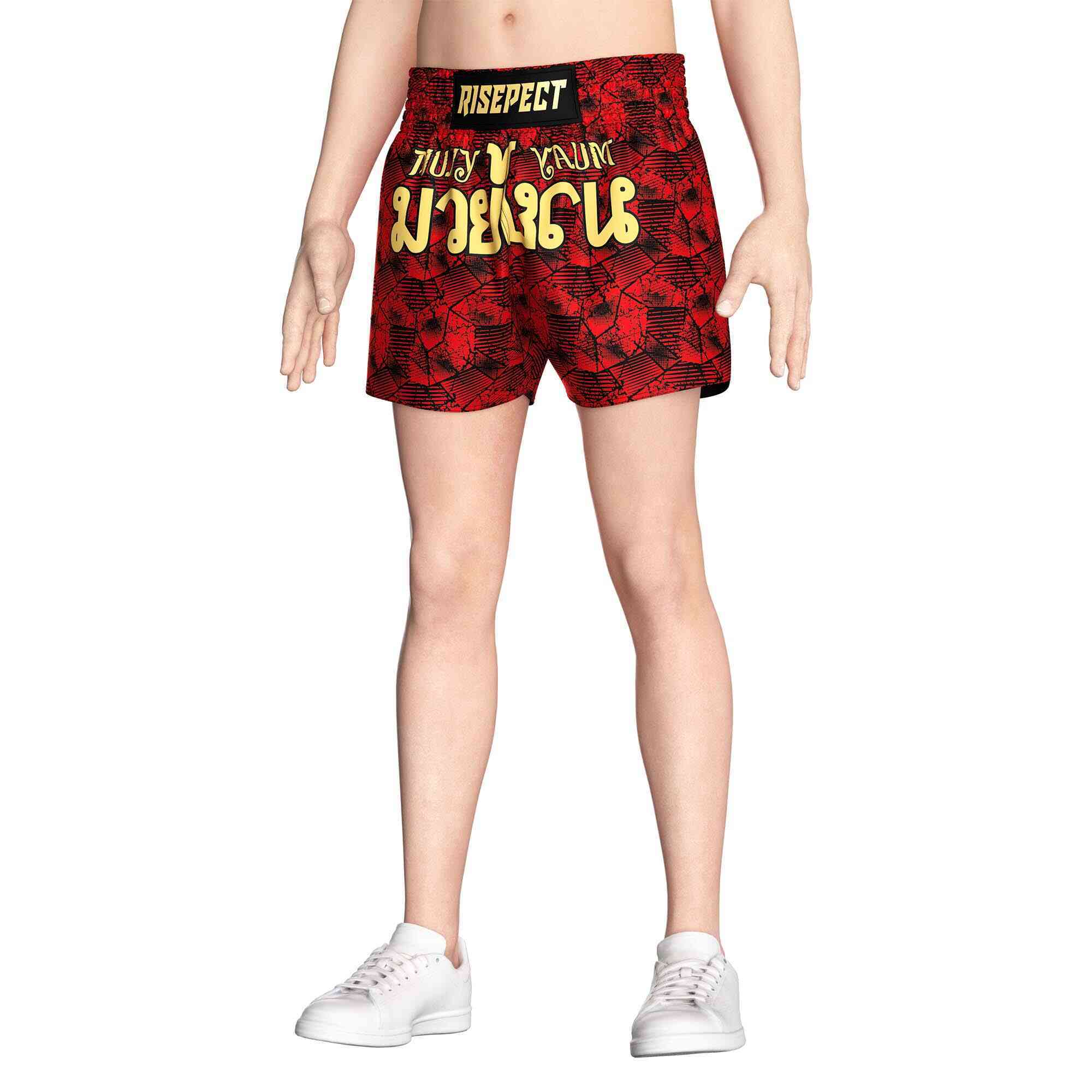 Male model in Red camouflage sublimated popular Muay Thai shorts Rise Muay Thai shorts front view