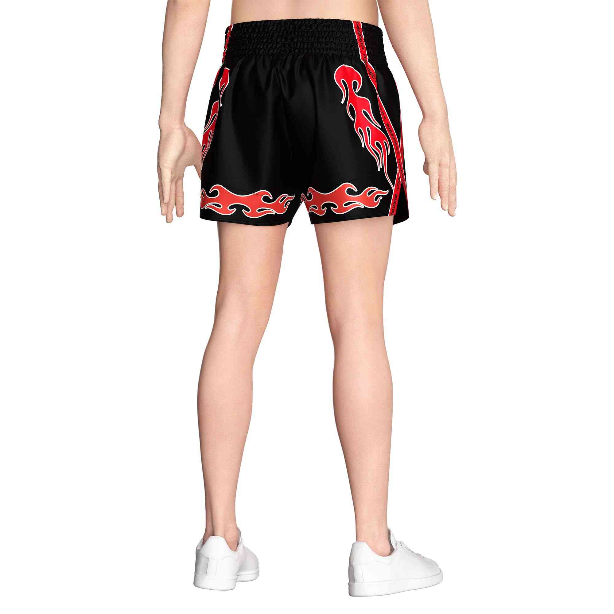 Male model in Red auspicious cloud sublimated popular Muay Thai shorts Rise Muay Thai shorts back view