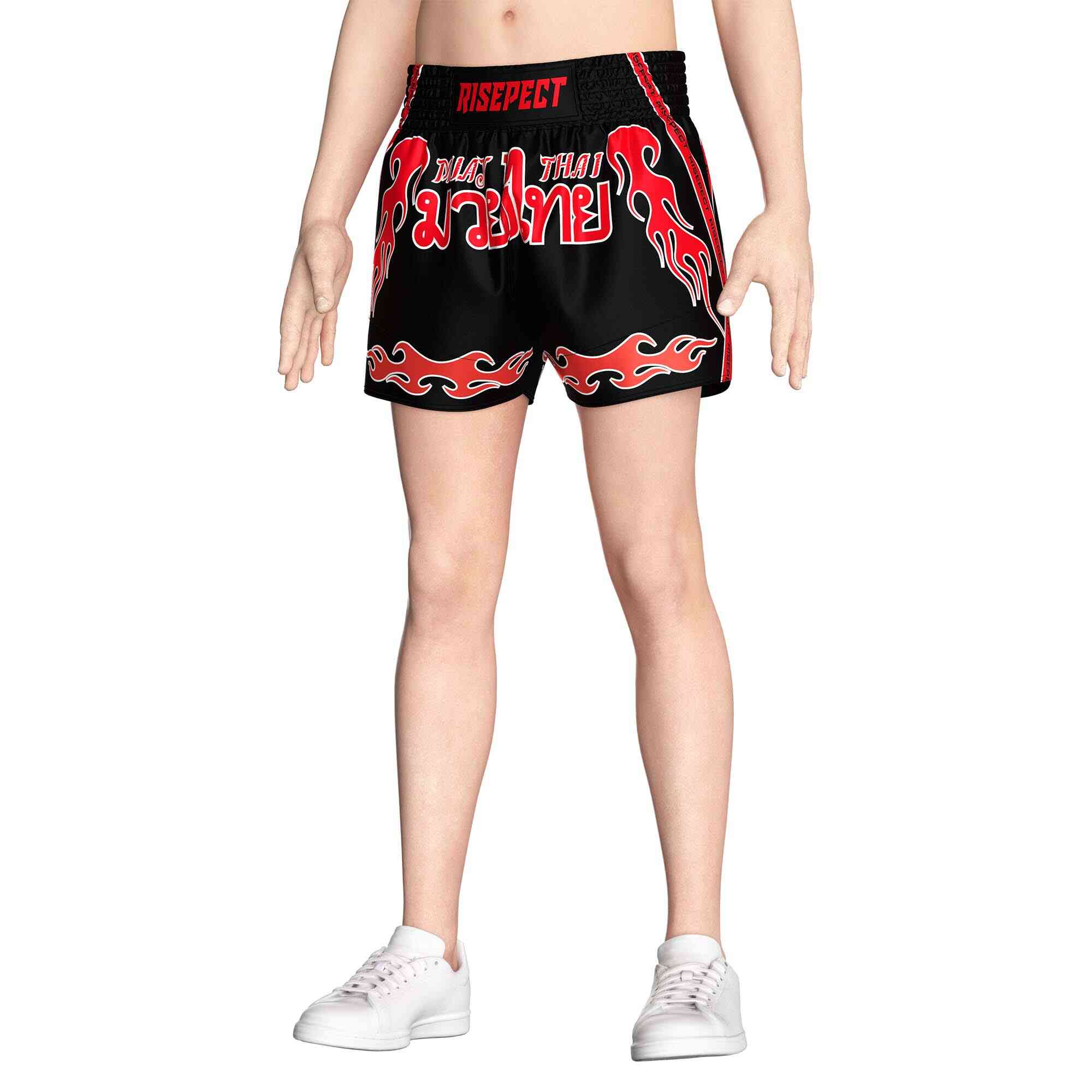 Male model in Red auspicious cloud sublimated popular Muay Thai shorts Rise Muay Thai shorts front view