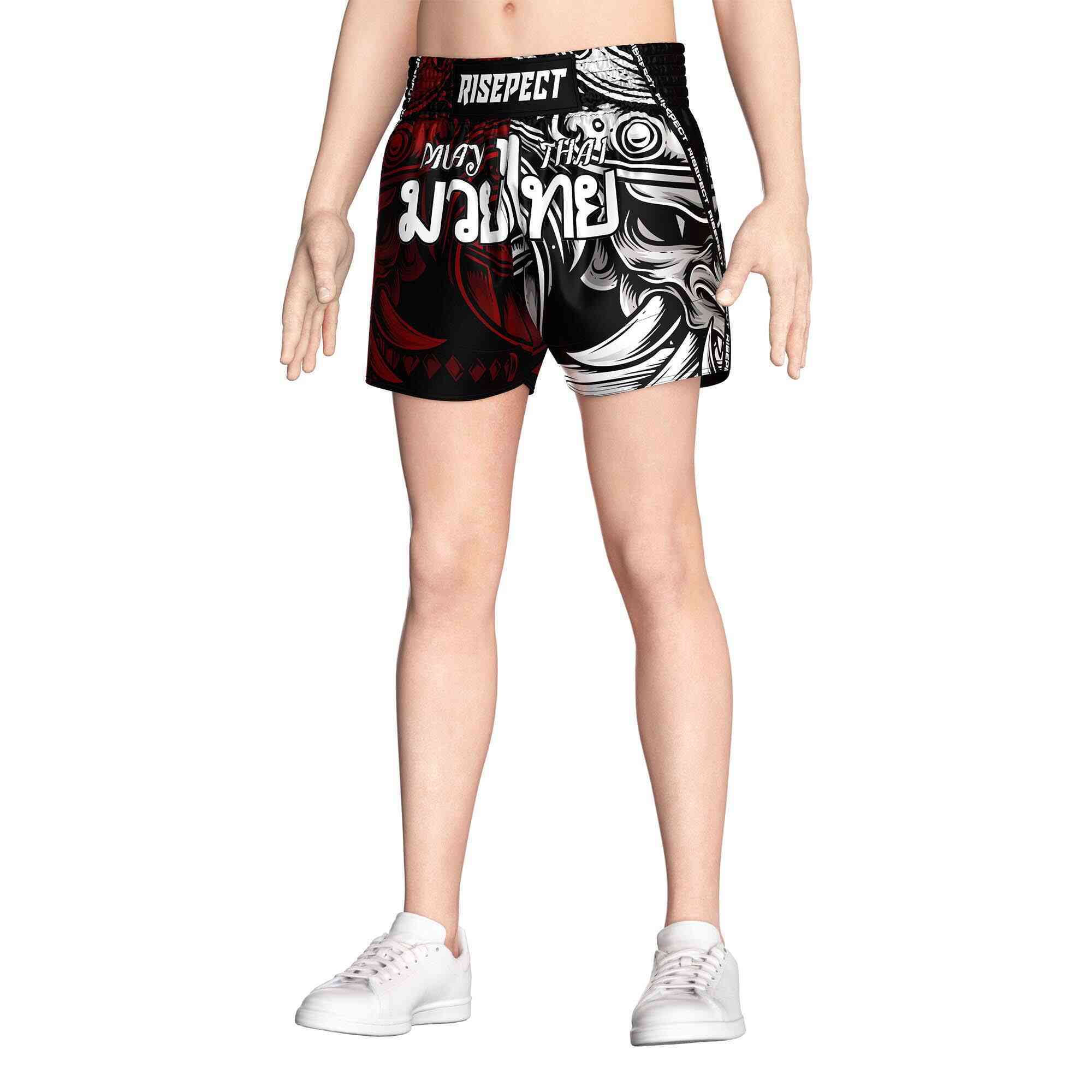 Male model in Two color fashion popular Muay Thai shorts custom Rise Muay Thai shorts front view