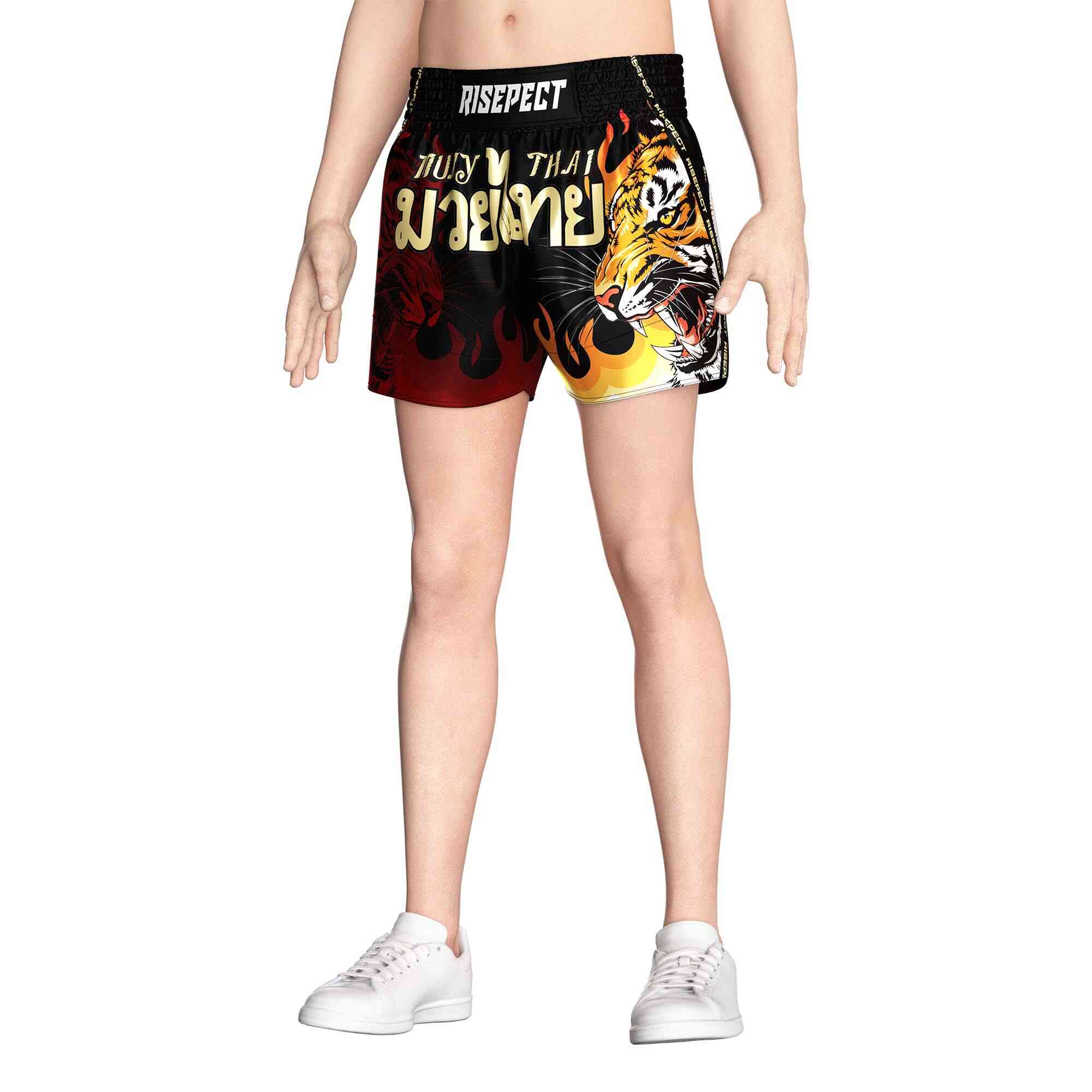 Male model in Fashion flame tiger sublimated popular Muay Thai shorts Rise Muay Thai shorts front view