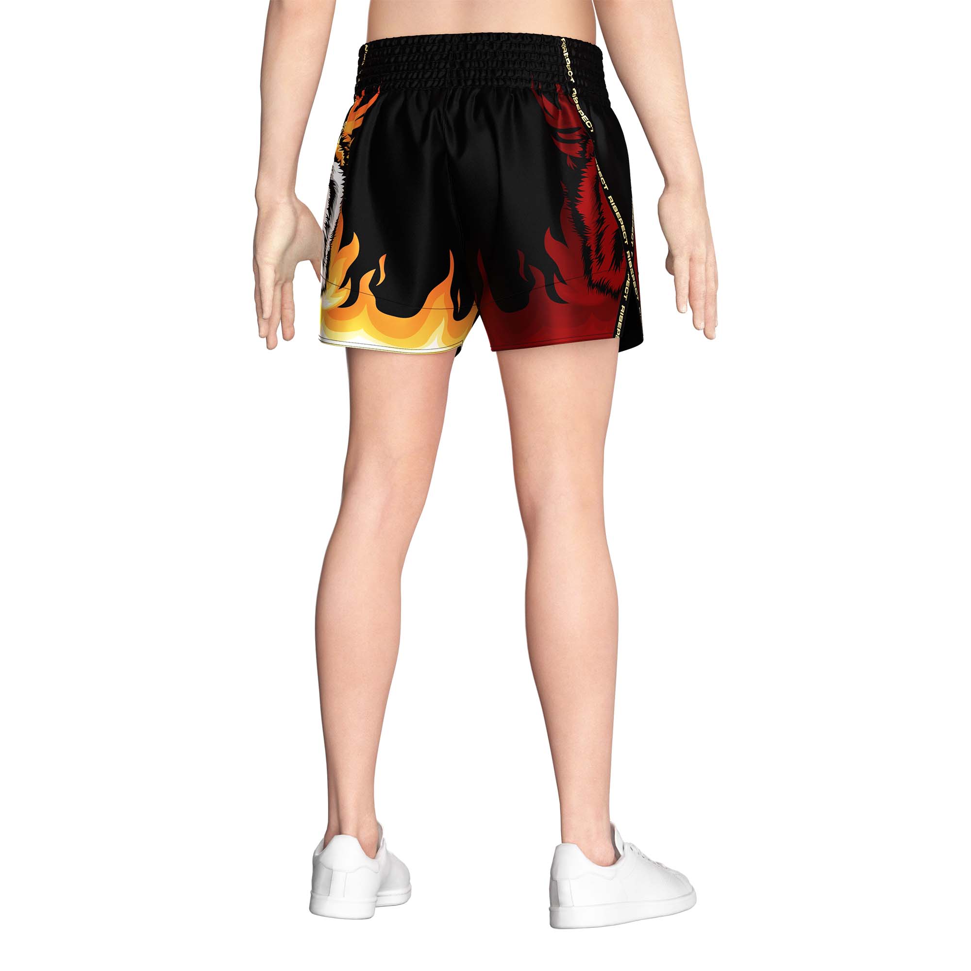 Male model in Fashion flame tiger sublimated popular Muay Thai shorts Rise Muay Thai shorts back view