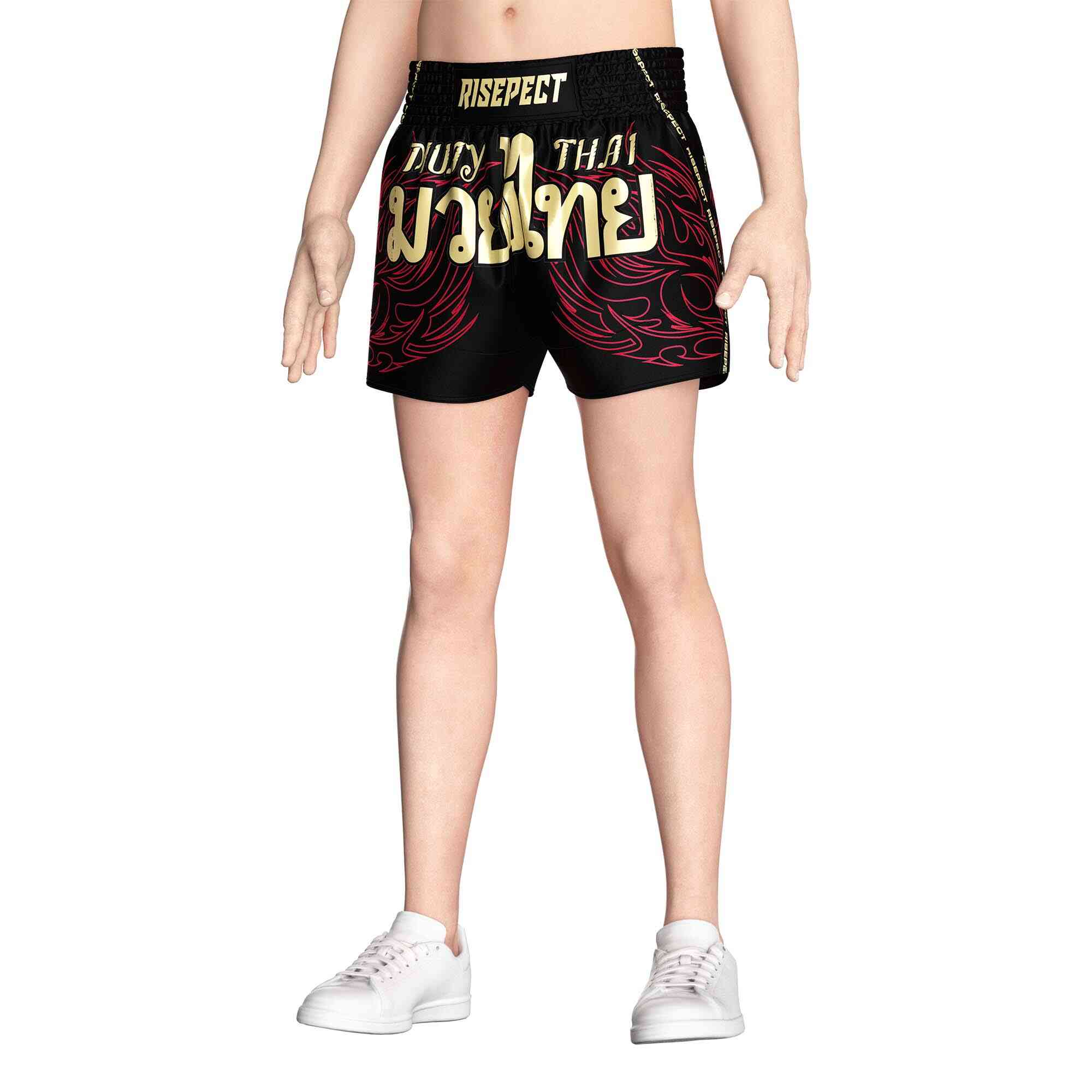 Male model in Stylish flame black sublimated popular Muay Thai shorts Rise Muay Thai shorts front view