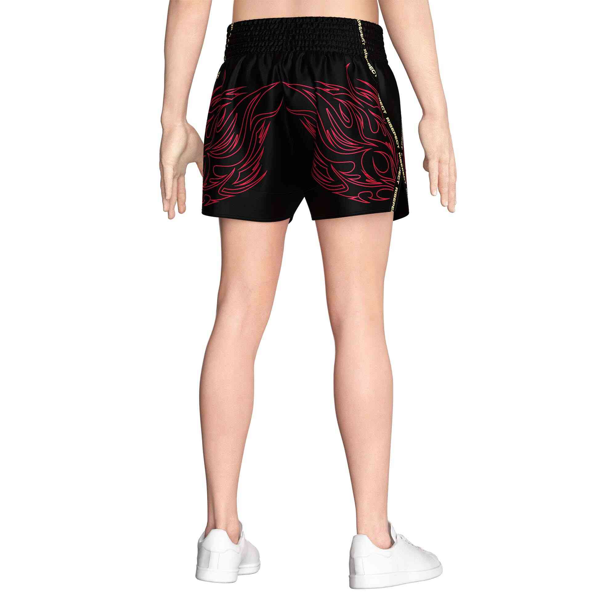 Male model in Stylish flame black sublimated popular Muay Thai shorts Rise Muay Thai shorts back view