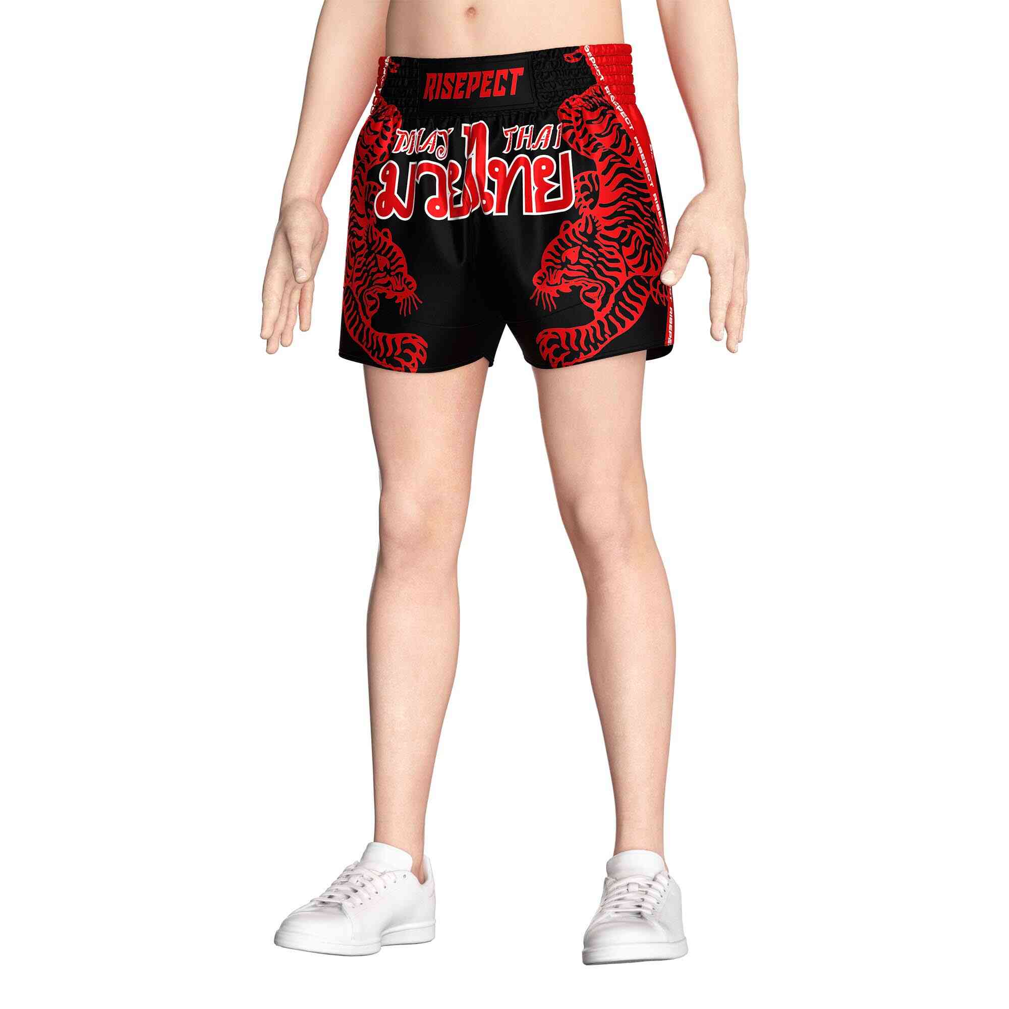 Male model in Red tiger sublimated popular Muay Thai shorts Rise Muay Thai shorts front view