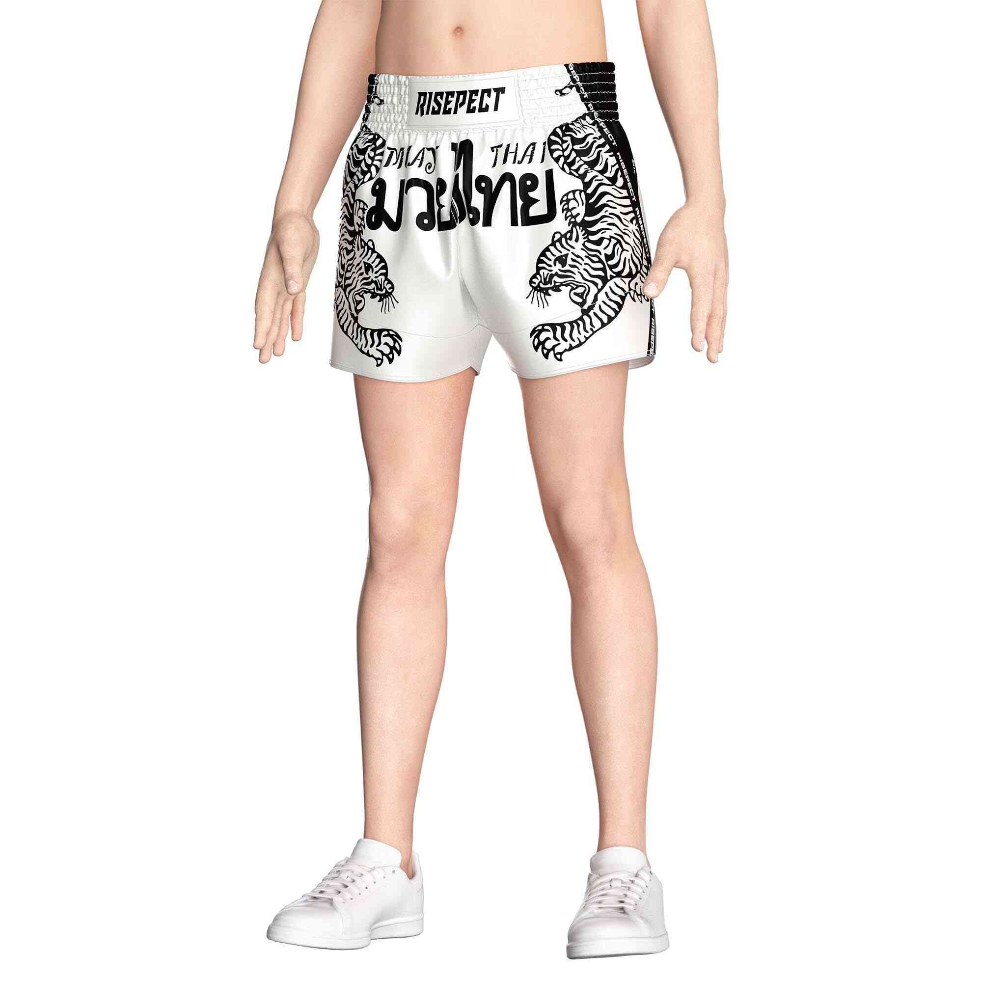 Male model in White tiger sublimated popular Muay Thai shorts Rise Muay Thai shorts front view