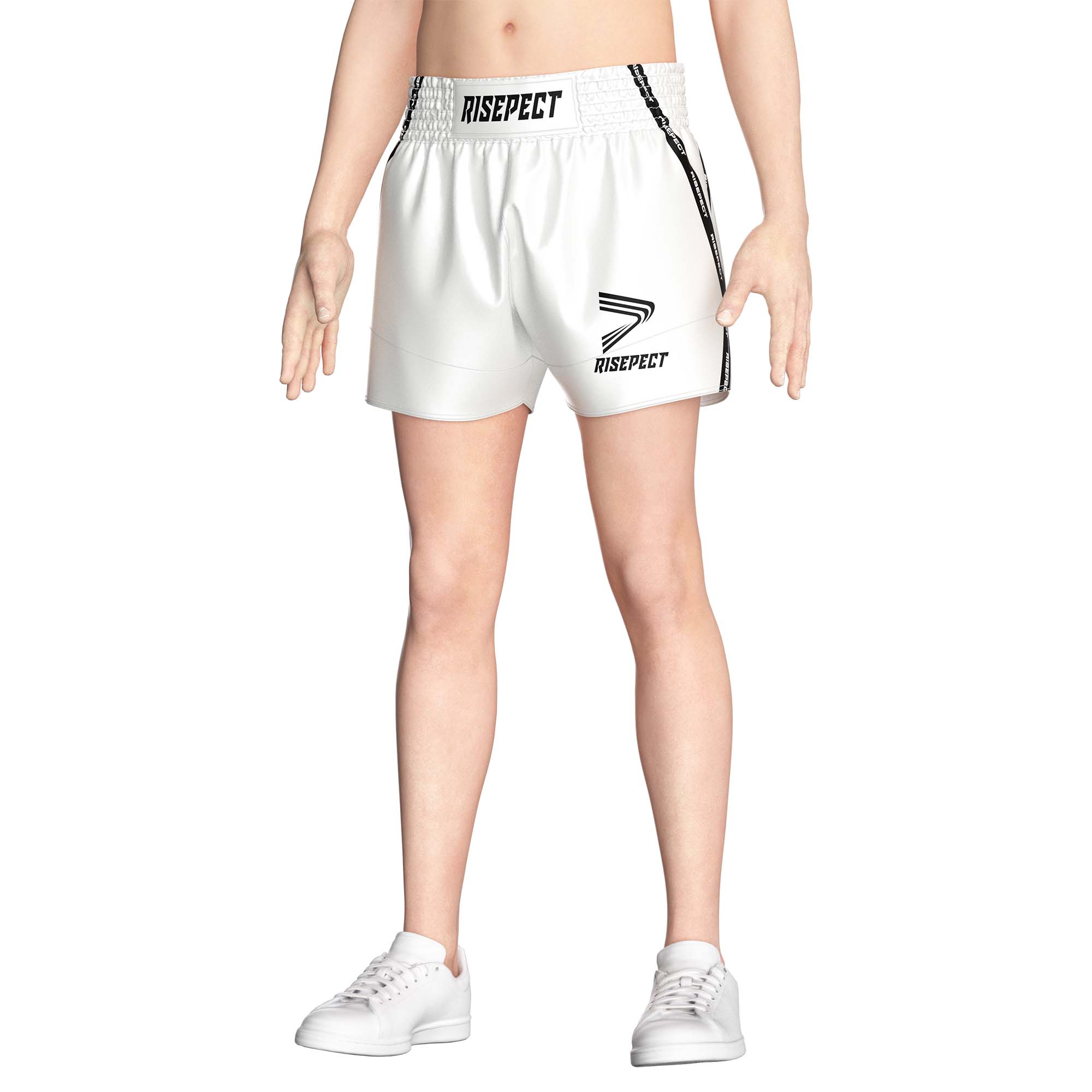 Male model in White popular Muay Thai shorts wholesale Rise Muay Thai shorts front view