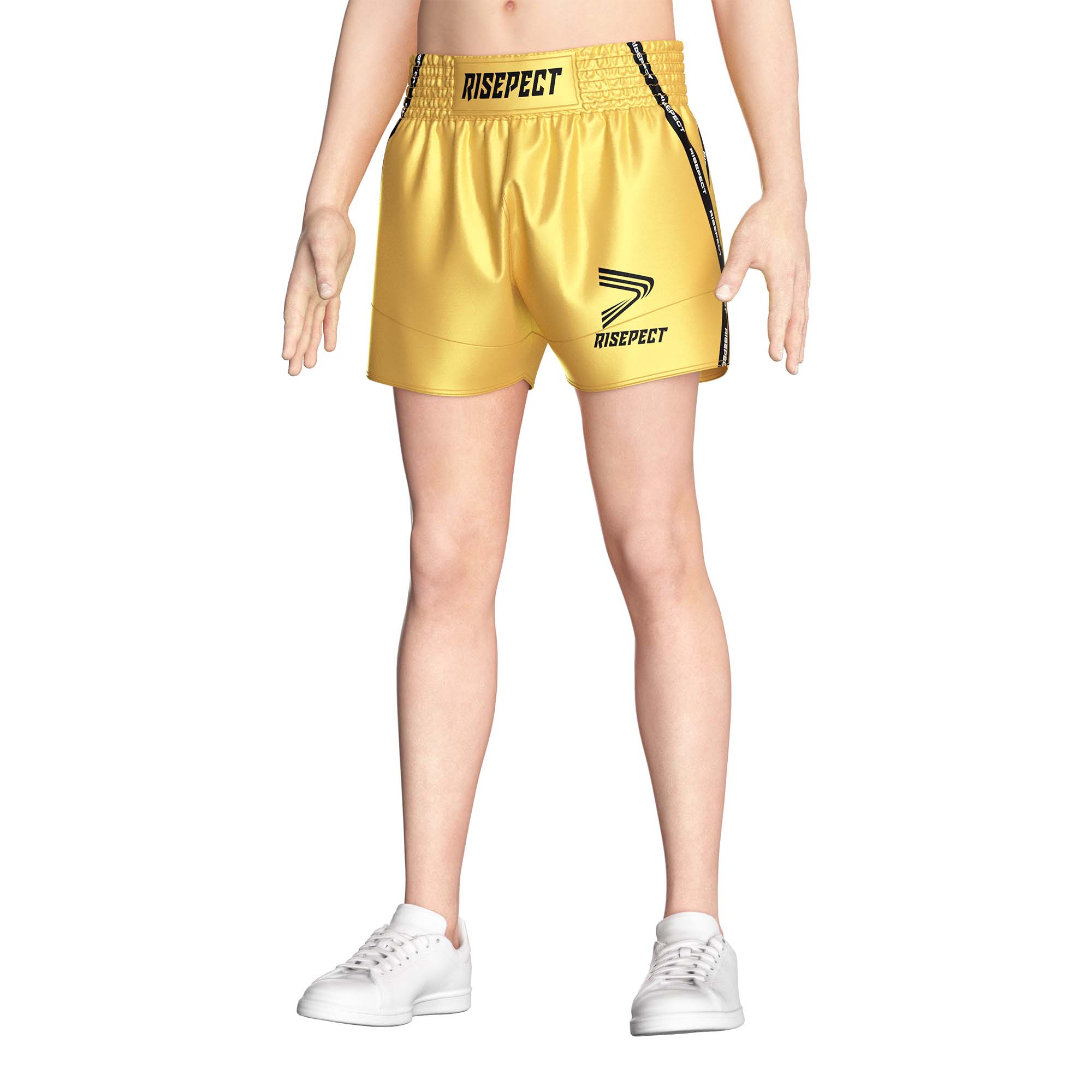 Male model in Yellow popular Muay Thai shorts wholesale Rise Muay Thai shorts front view