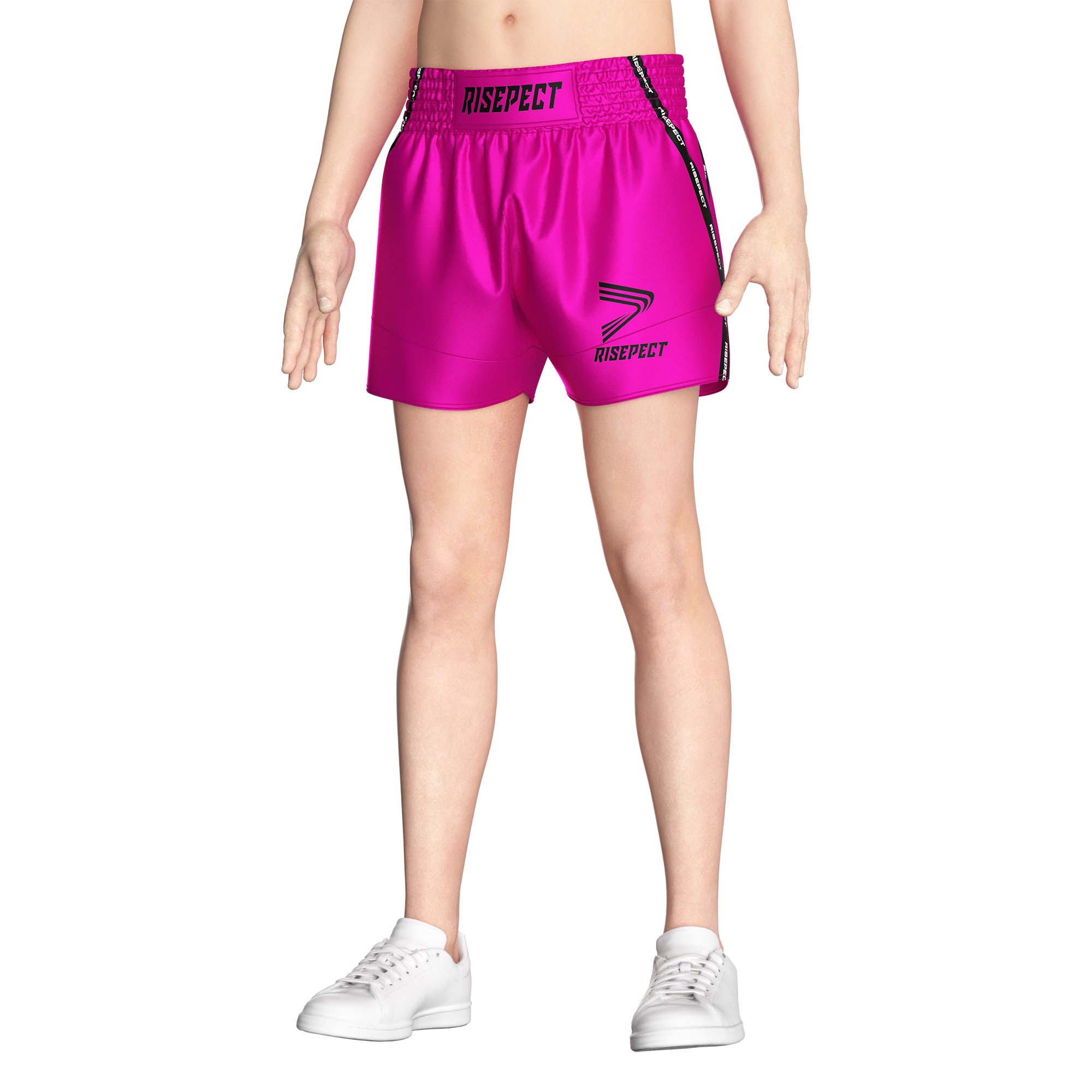 Male model in Rose red popular Muay Thai shorts wholesale Rise Muay Thai shorts front view