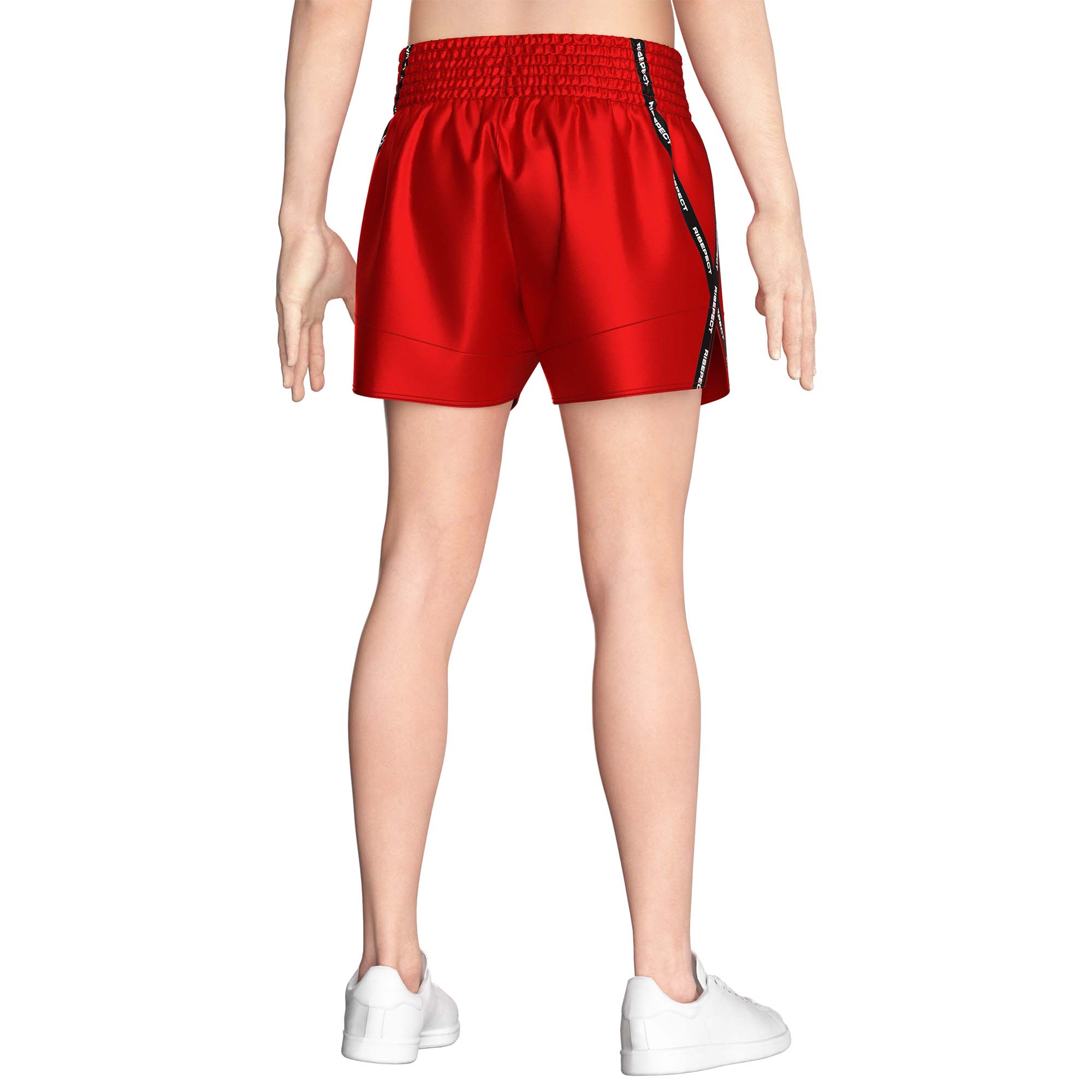 Male model in Red popular Muay Thai shorts wholesale Rise Muay Thai shorts back view