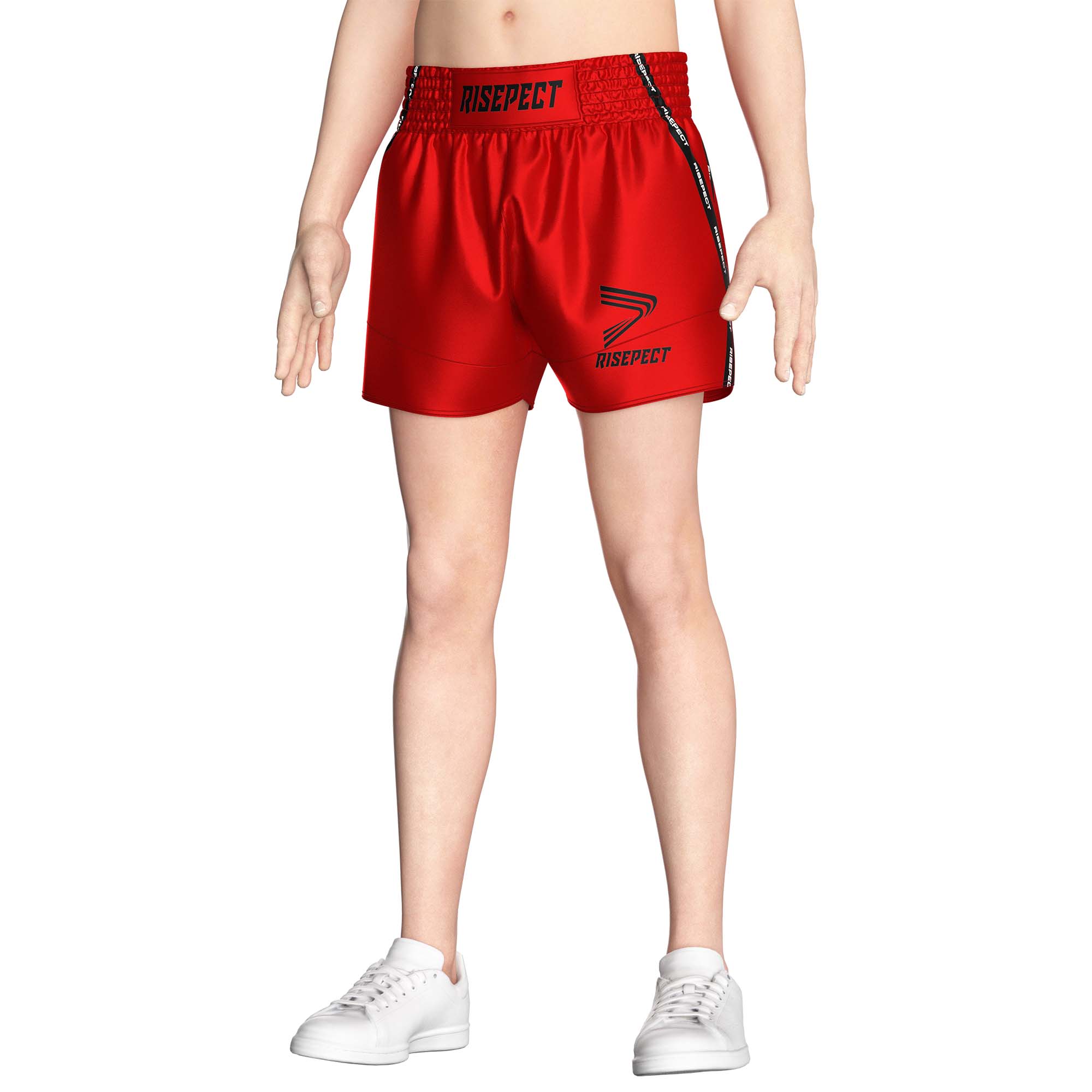 Male model in Red popular Muay Thai shorts wholesale Rise Muay Thai shorts front view