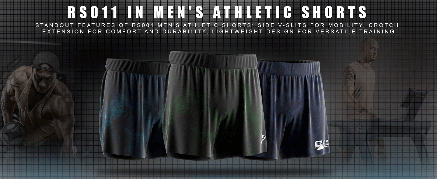 RS011 in Men's Athletic Shorts: Standout Features of RS001 Men's Athletic Shorts: Side V-Slits for Mobility, Crotch Extension for Comfort and Durability, Lightweight Design for Versatile Training